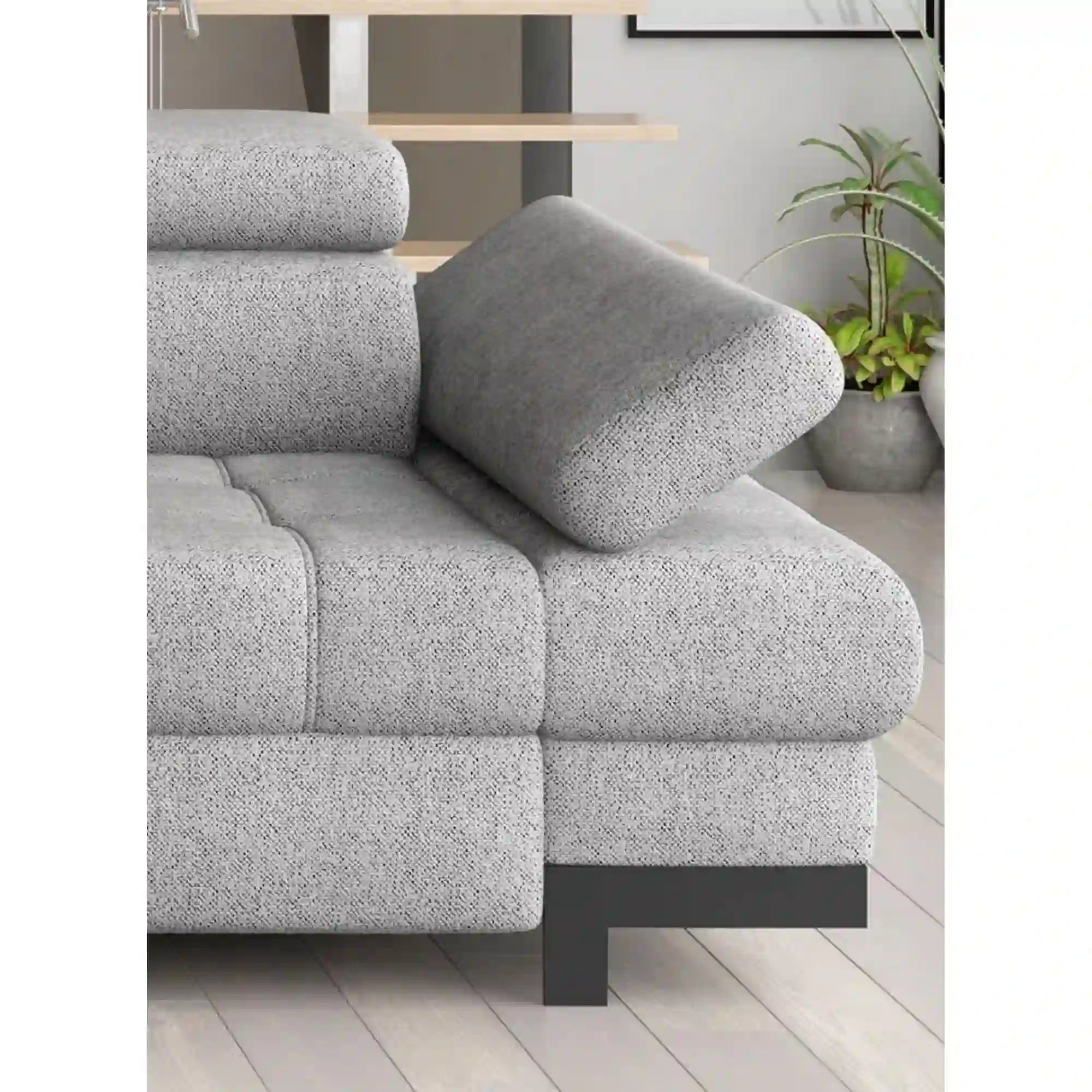 Coltar extensibil SELVA MINI, sezlong dreapta, stofa catifelata gri - Palladium 15, Gama Premium, cu lada depozitare si tetiere reglabile, 270x173x95 cm