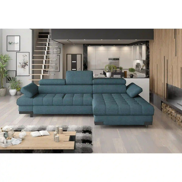 Coltar extensibil SELVA MINI, sezlong dreapta, stofa catifelata turcoaz inchis - Riviera 87, Gama Premium, cu lada depozitare si tetiere reglabile, 270x173x95 cm