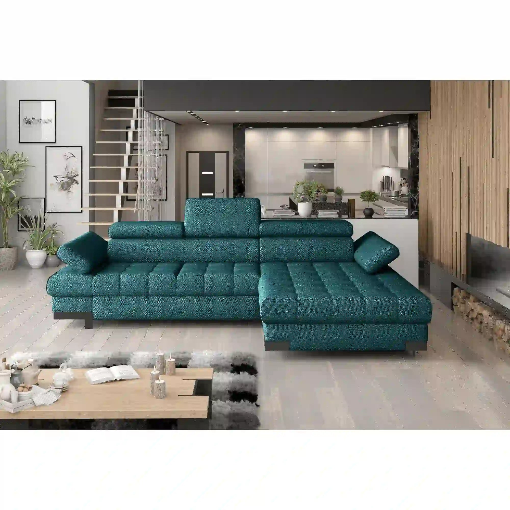 Coltar extensibil SELVA MINI, sezlong dreapta, stofa catifelata verde inchis - Terra 75, Gama Premium, cu lada depozitare si tetiere reglabile, 270x173x95 cm