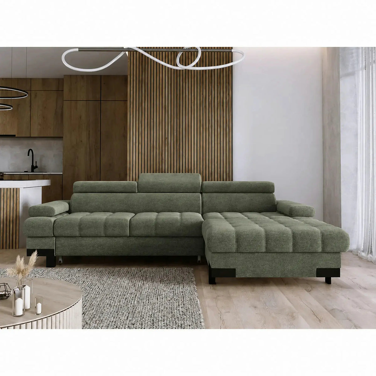 Coltar extensibil SELVA MINI, sezlong dreapta, stofa catifelata verde inchis - Vogue 11, cu lada depozitare si tetiere reglabile, 270x173x95 cm
