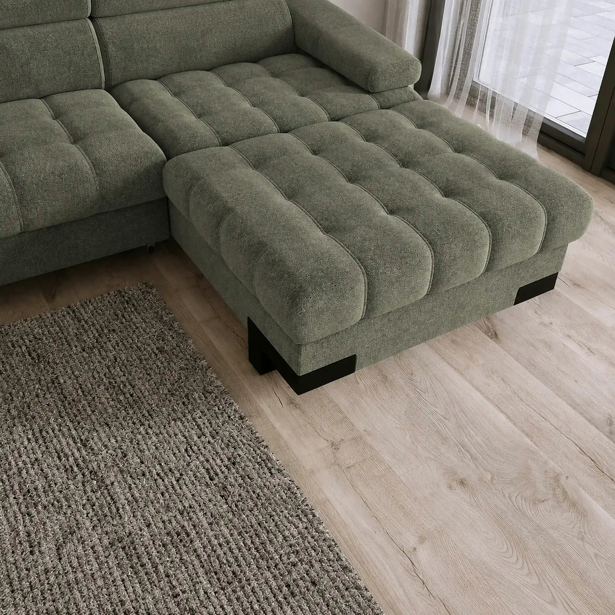 Coltar extensibil SELVA MINI, sezlong dreapta, stofa catifelata verde inchis - Vogue 11, cu lada depozitare si tetiere reglabile, 270x173x95 cm
