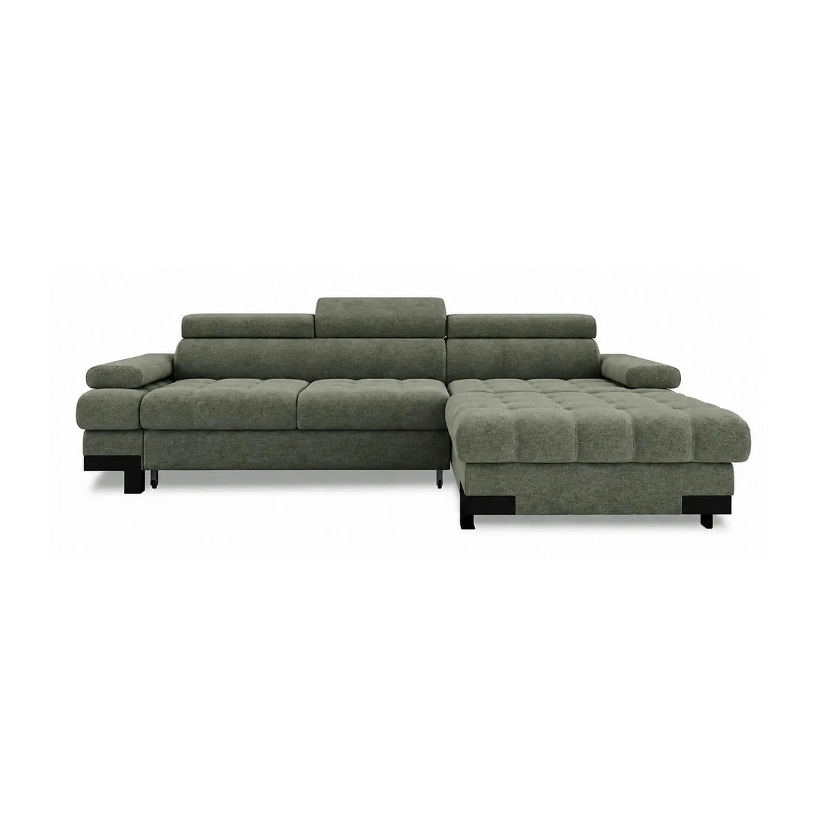 Coltar extensibil SELVA MINI, sezlong dreapta, stofa catifelata verde inchis - Vogue 11, cu lada depozitare si tetiere reglabile, 270x173x95 cm