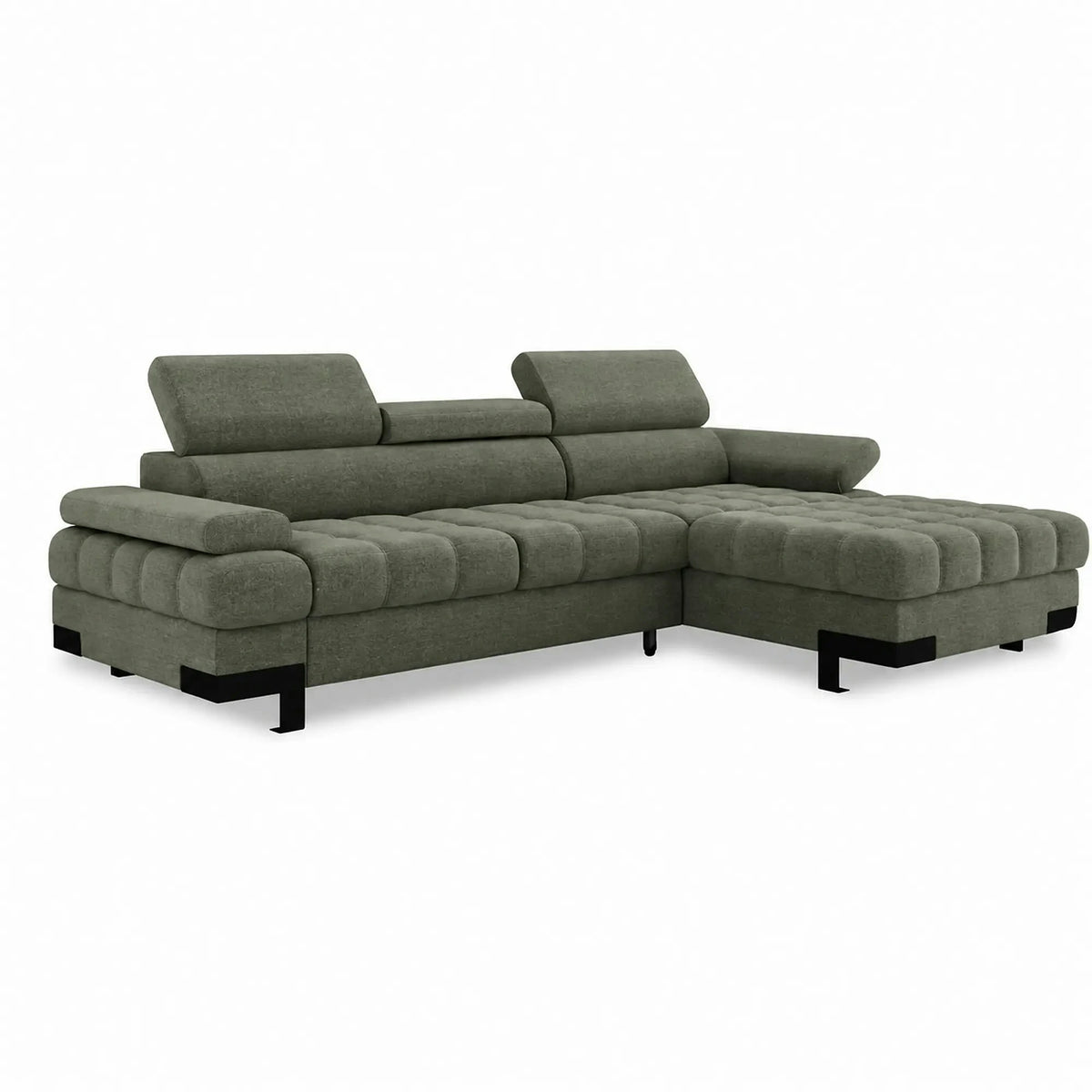 Coltar extensibil SELVA MINI, sezlong dreapta, stofa catifelata verde inchis - Vogue 11, cu lada depozitare si tetiere reglabile, 270x173x95 cm
