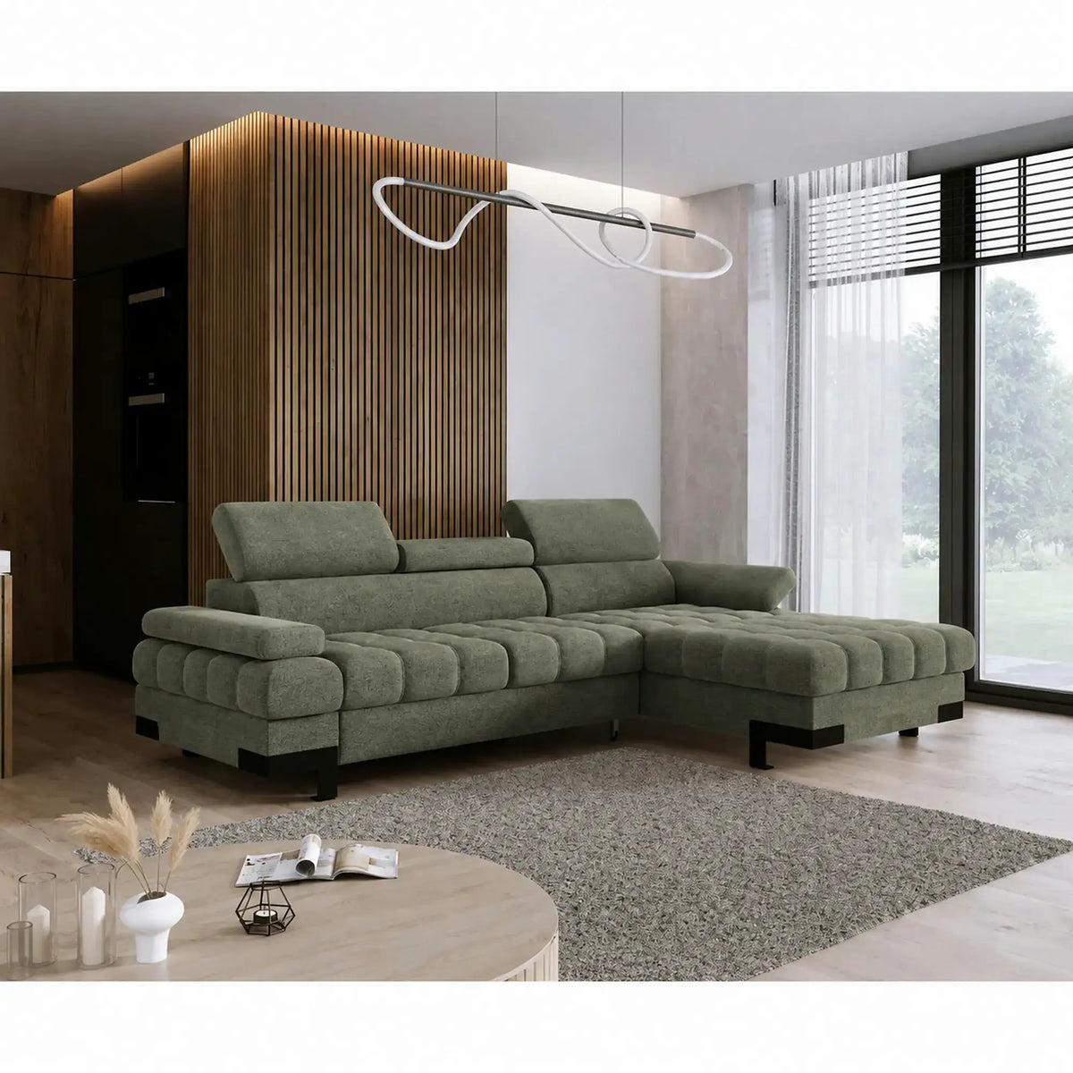 Coltar extensibil SELVA MINI, sezlong dreapta, stofa catifelata verde inchis - Vogue 11, cu lada depozitare si tetiere reglabile, 270x173x95 cm