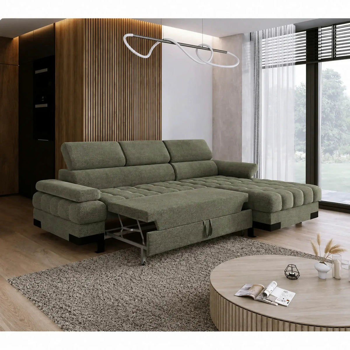 Coltar extensibil SELVA MINI, sezlong dreapta, stofa catifelata verde inchis - Vogue 11, cu lada depozitare si tetiere reglabile, 270x173x95 cm