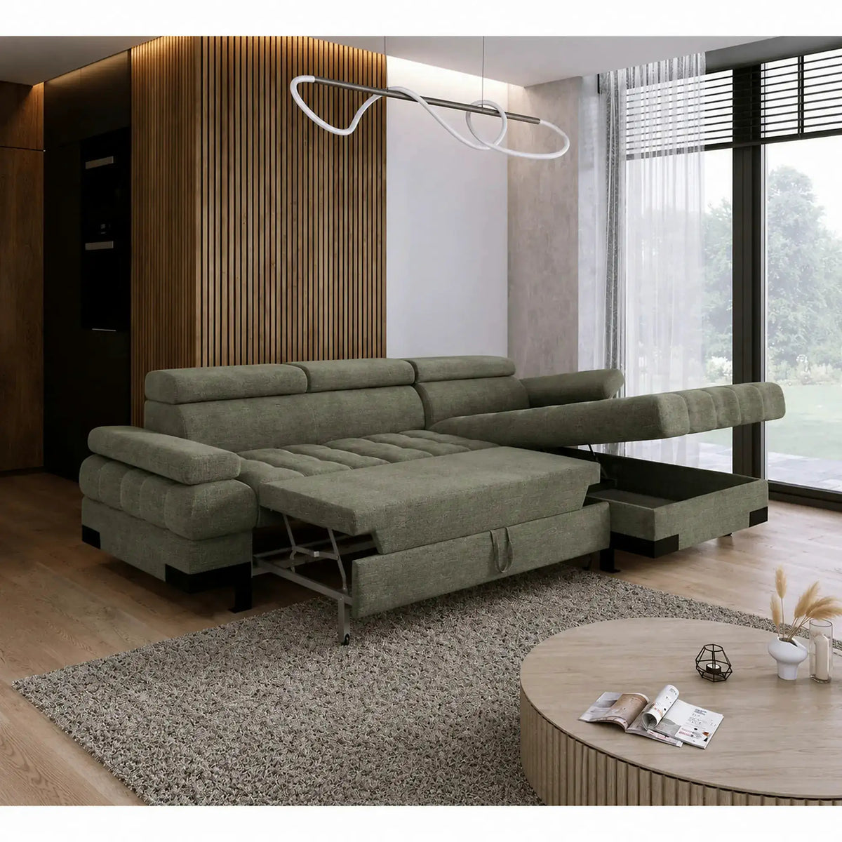 Coltar extensibil SELVA MINI, sezlong dreapta, stofa catifelata verde inchis - Vogue 11, cu lada depozitare si tetiere reglabile, 270x173x95 cm