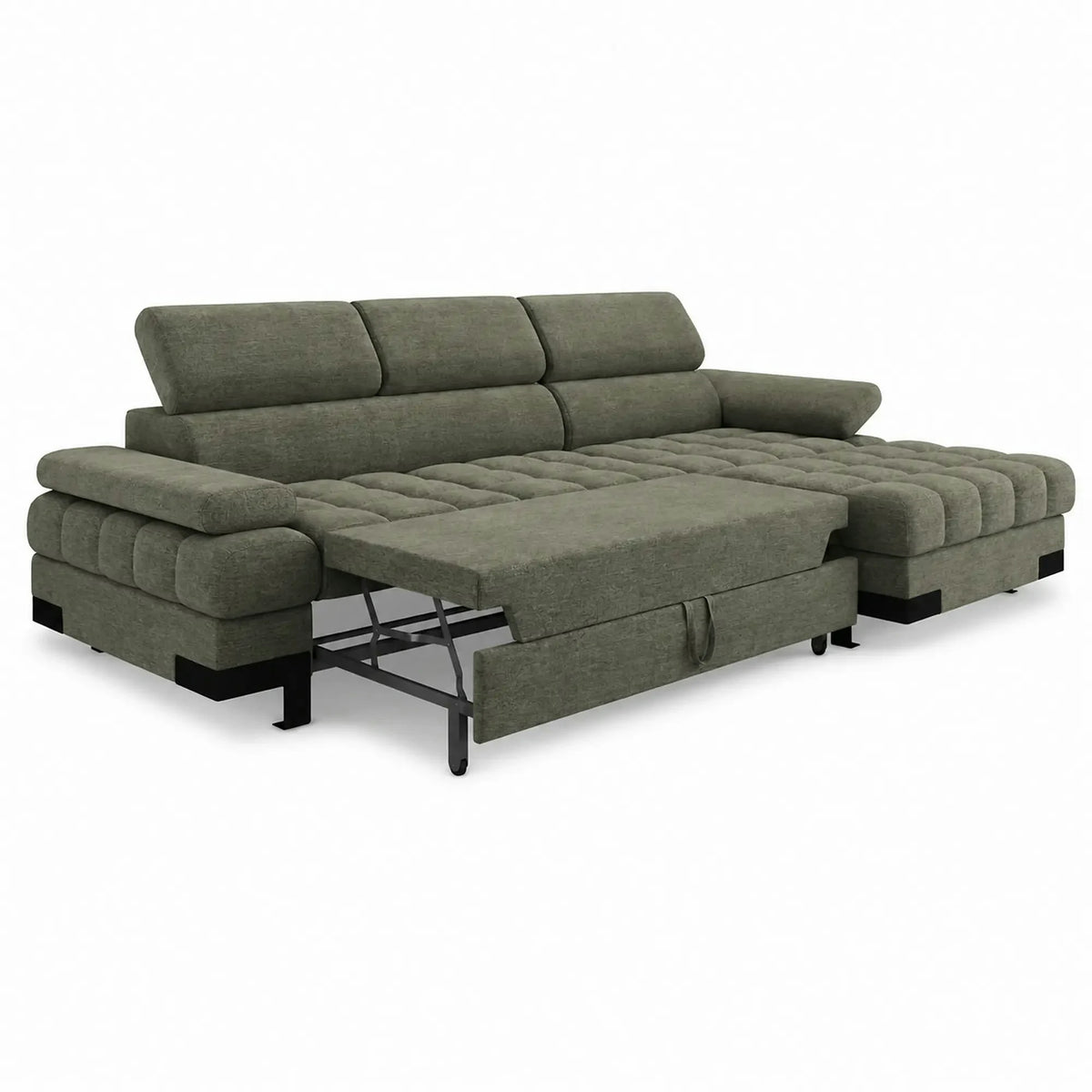 Coltar extensibil SELVA MINI, sezlong dreapta, stofa catifelata verde inchis - Vogue 11, cu lada depozitare si tetiere reglabile, 270x173x95 cm