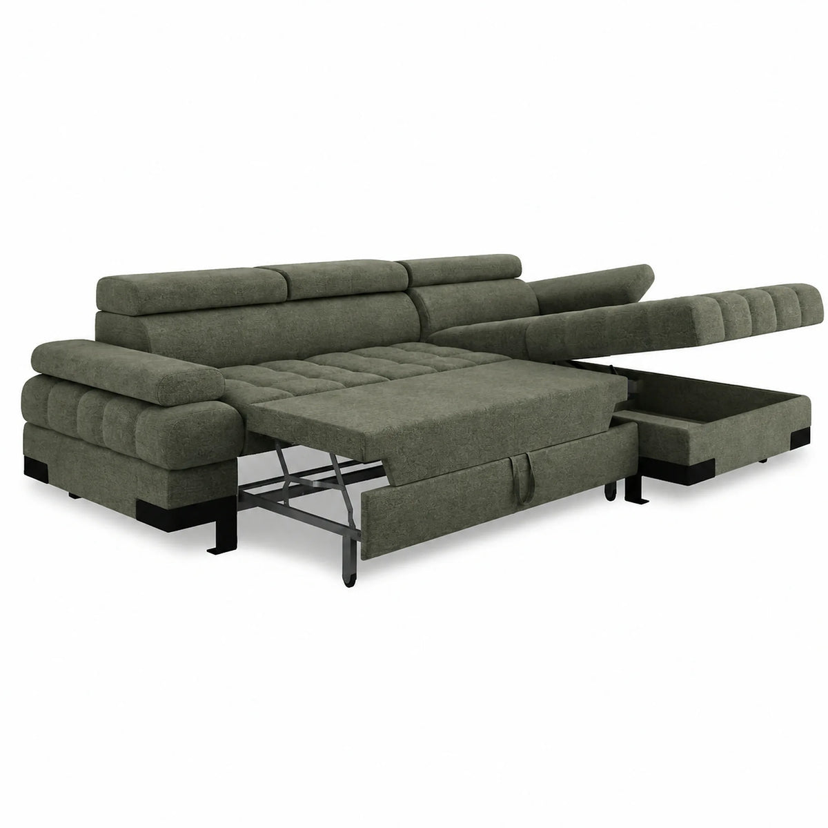 Coltar extensibil SELVA MINI, sezlong dreapta, stofa catifelata verde inchis - Vogue 11, cu lada depozitare si tetiere reglabile, 270x173x95 cm