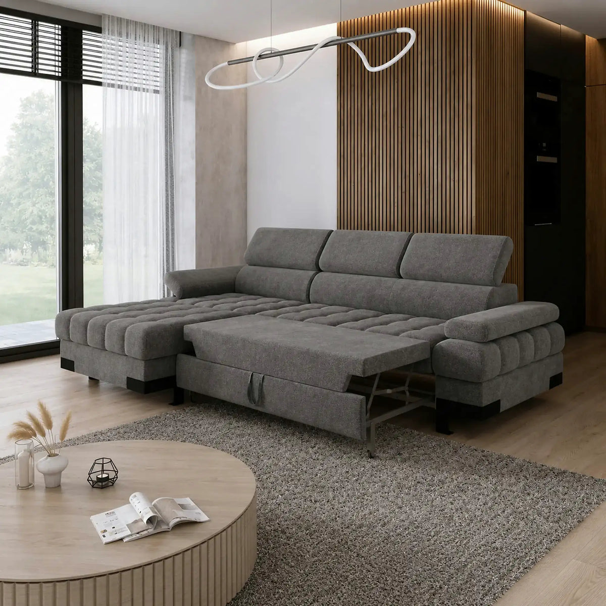 Coltar extensibil SELVA MINI, sezlong stanga, stofa catifelata gri antracit - Salvador 15, cu lada depozitare, 270x173x95 cm