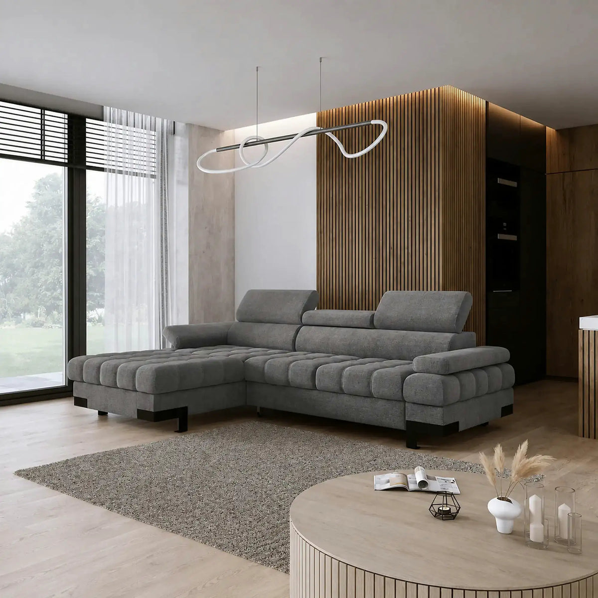 Coltar extensibil SELVA MINI, sezlong stanga, stofa catifelata gri antracit - Salvador 15, cu lada depozitare, 270x173x95 cm
