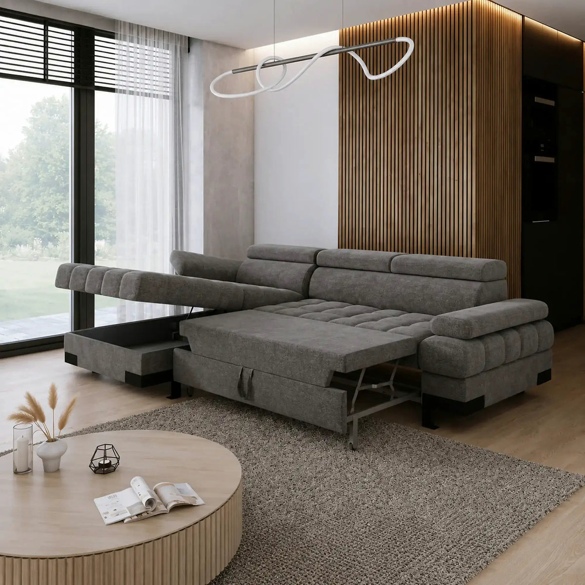 Coltar extensibil SELVA MINI, sezlong stanga, stofa catifelata gri antracit - Salvador 15, cu lada depozitare, 270x173x95 cm