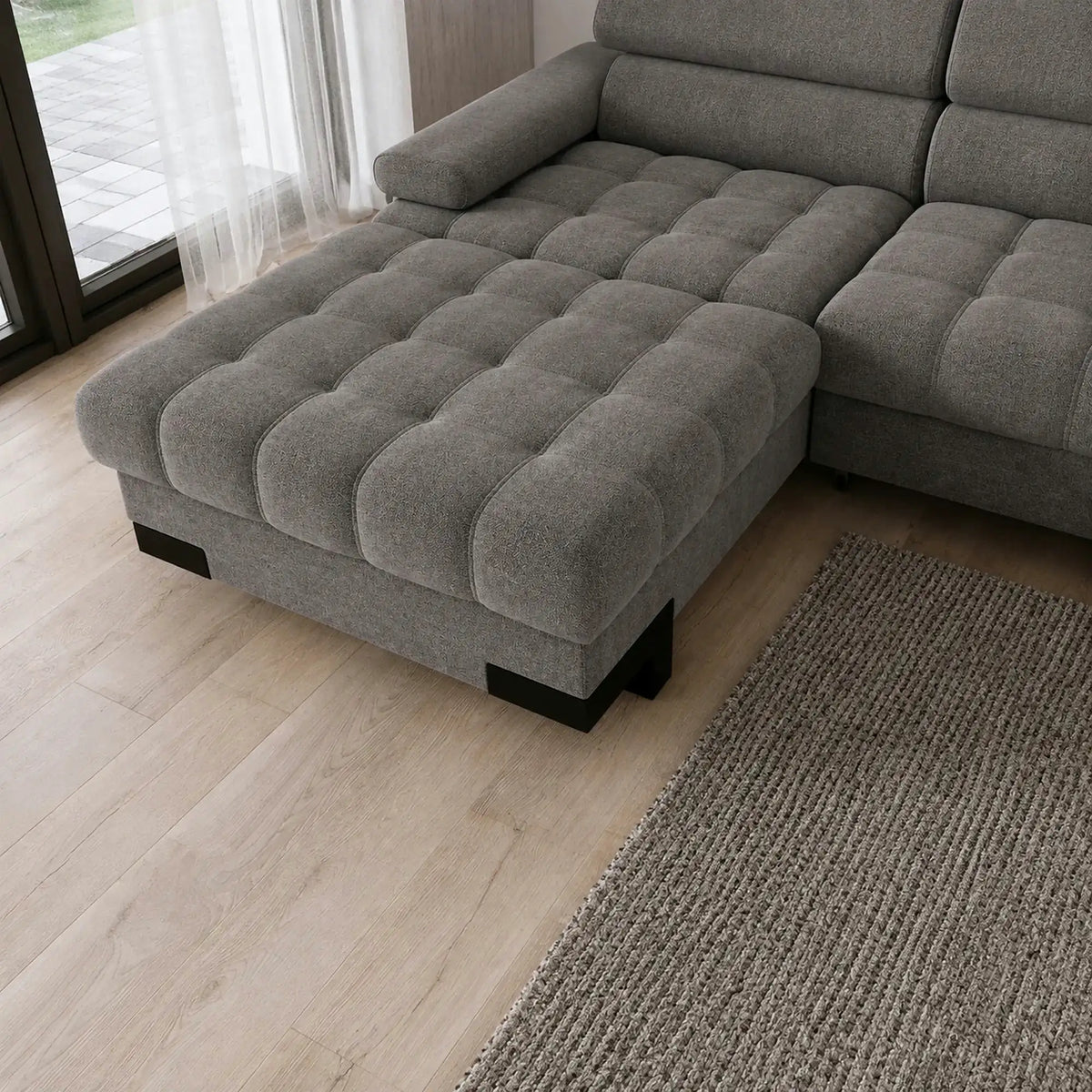Coltar extensibil SELVA MINI, sezlong stanga, stofa catifelata gri antracit - Salvador 15, cu lada depozitare, 270x173x95 cm