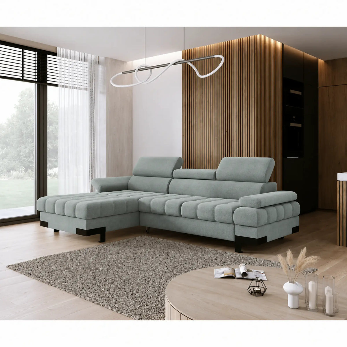 Coltar extensibil SELVA MINI, sezlong stanga, stofa catifelata verde menta, cu lada depozitare, 270x173x95 cm