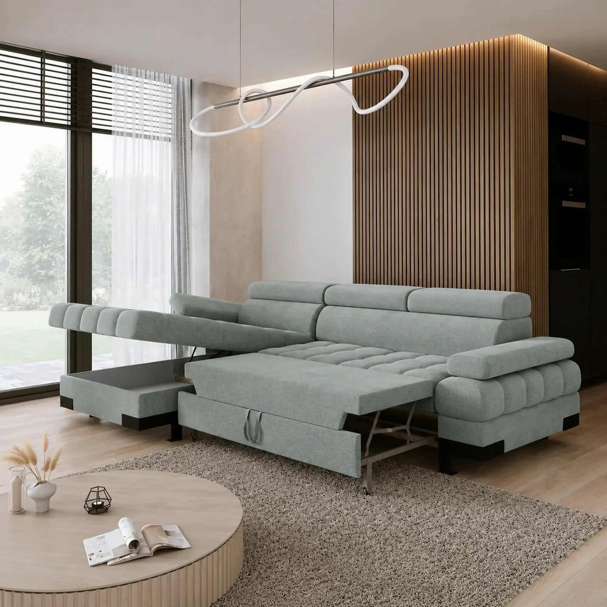 Coltar extensibil SELVA MINI, sezlong stanga, stofa catifelata verde menta, cu lada depozitare, 270x173x95 cm