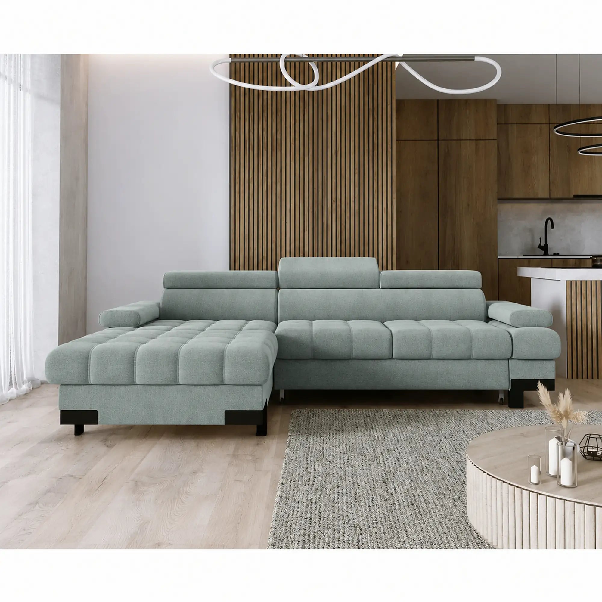 Coltar extensibil SELVA MINI, sezlong stanga, stofa catifelata verde menta, cu lada depozitare, 270x173x95 cm