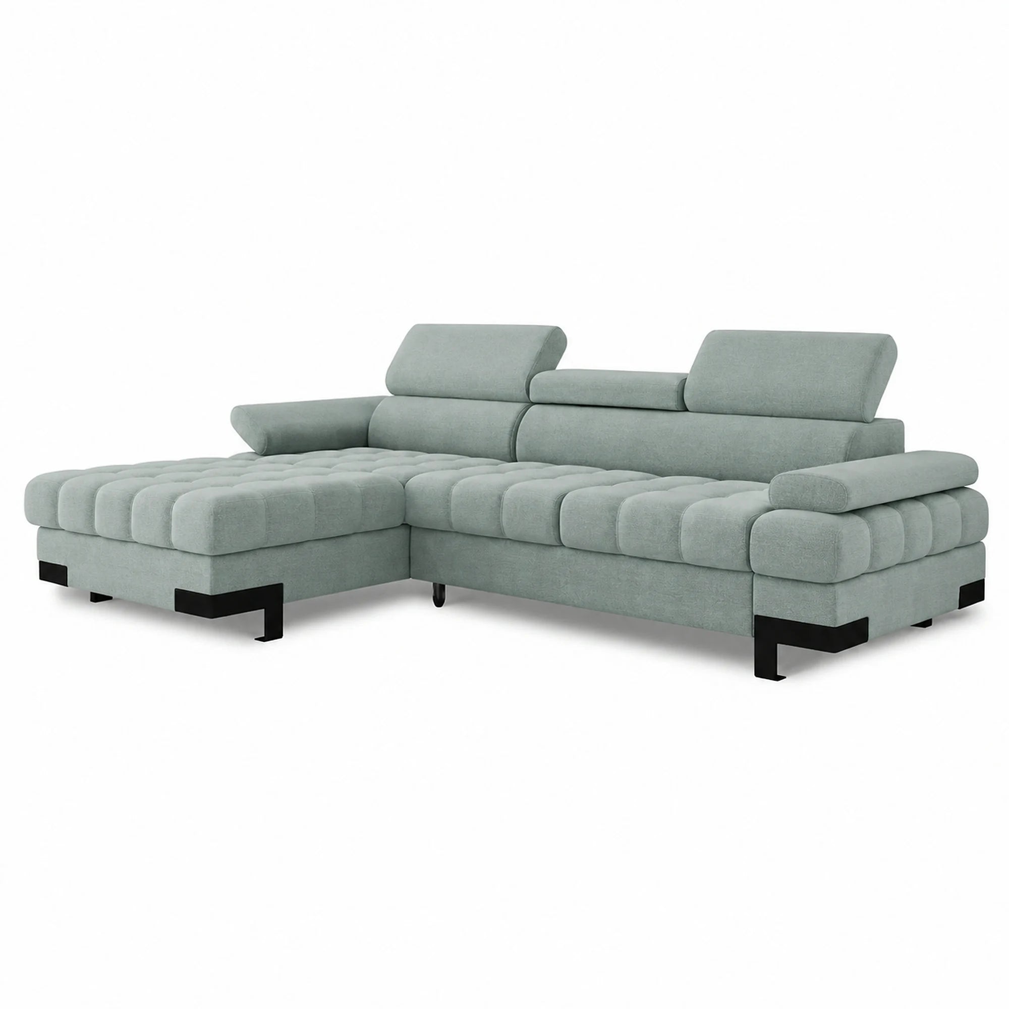 Coltar extensibil SELVA MINI, sezlong stanga, stofa catifelata verde menta, cu lada depozitare, 270x173x95 cm