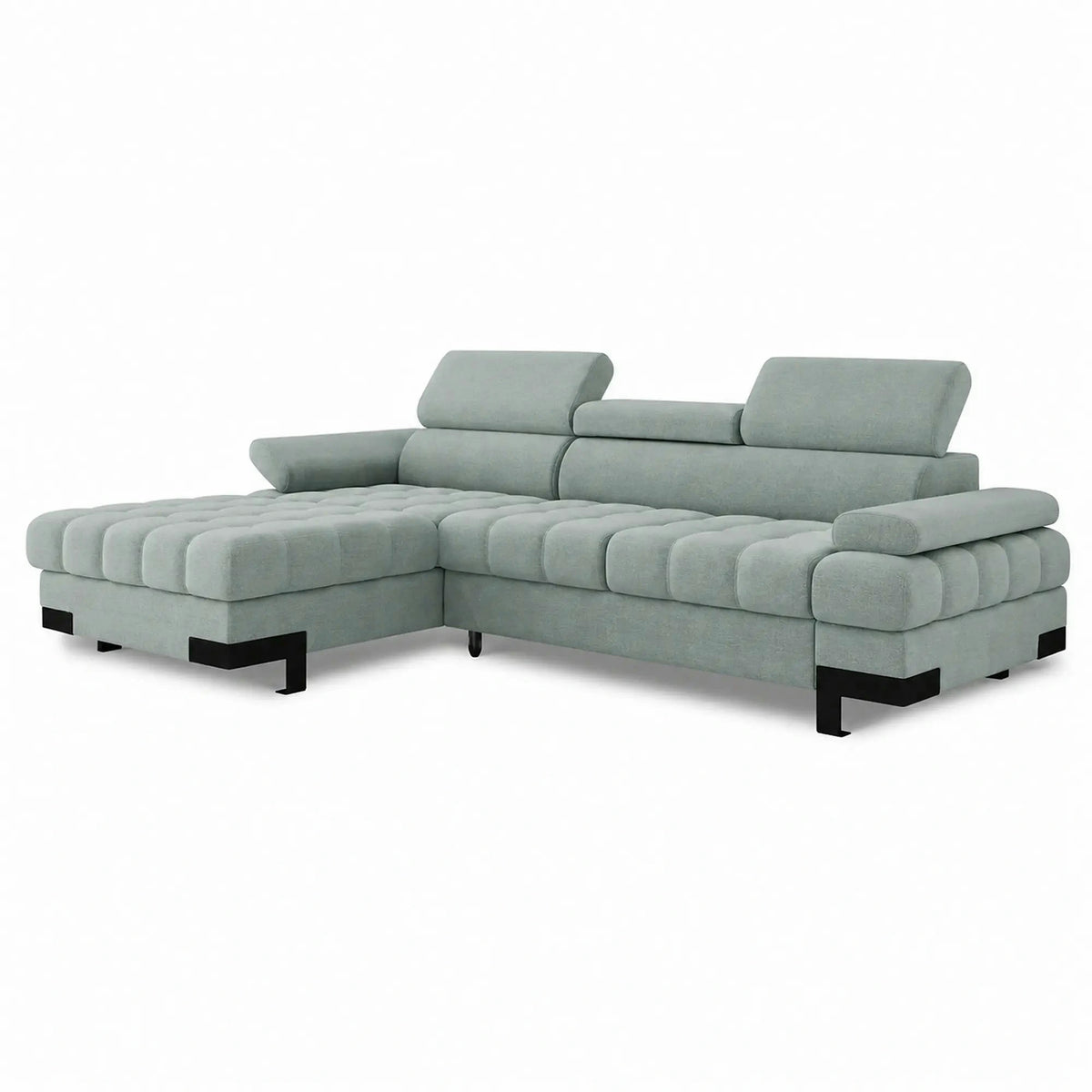 Coltar extensibil SELVA MINI, sezlong stanga, stofa catifelata verde menta, cu lada depozitare, 270x173x95 cm