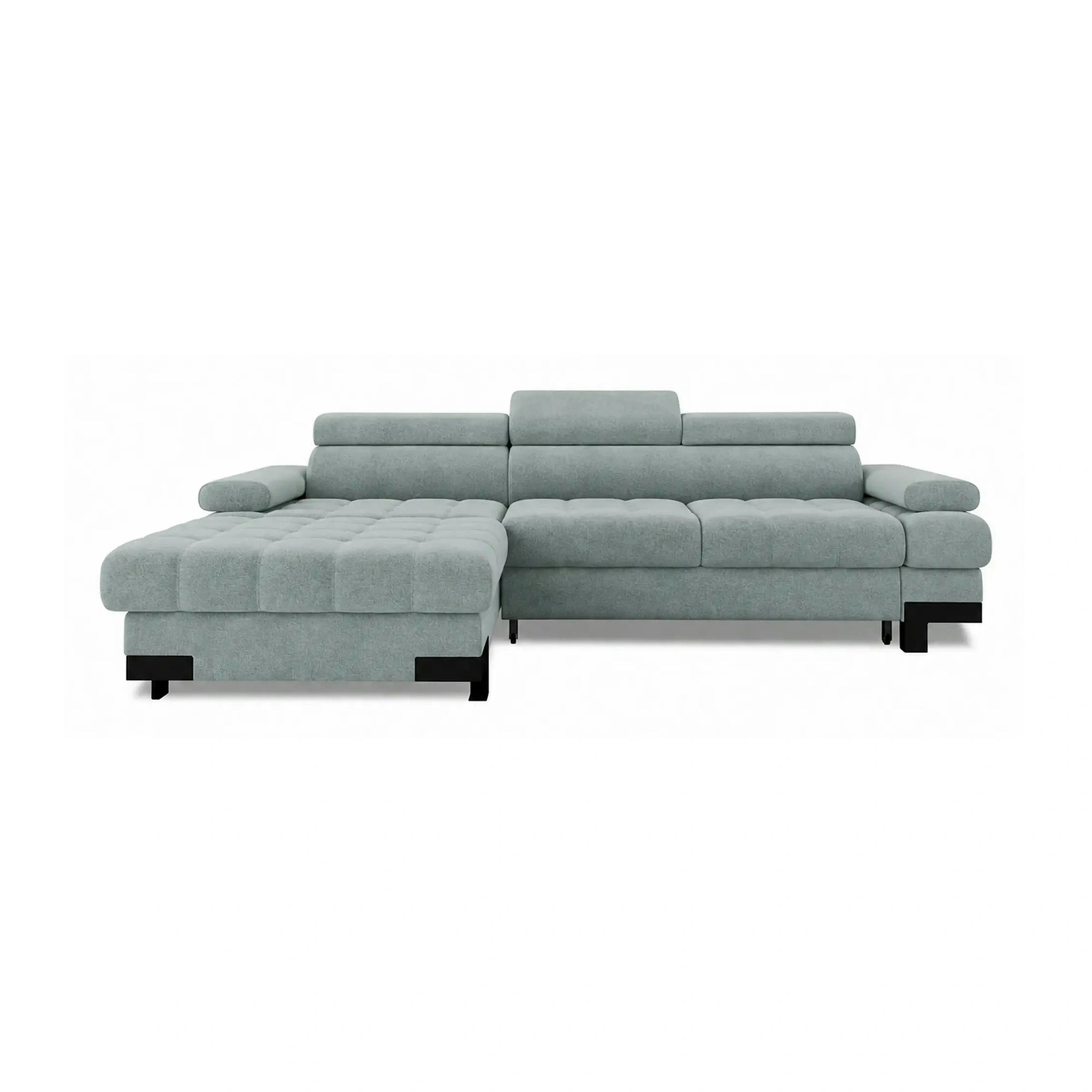 Coltar extensibil SELVA MINI, sezlong stanga, stofa catifelata verde menta, cu lada depozitare, 270x173x95 cm