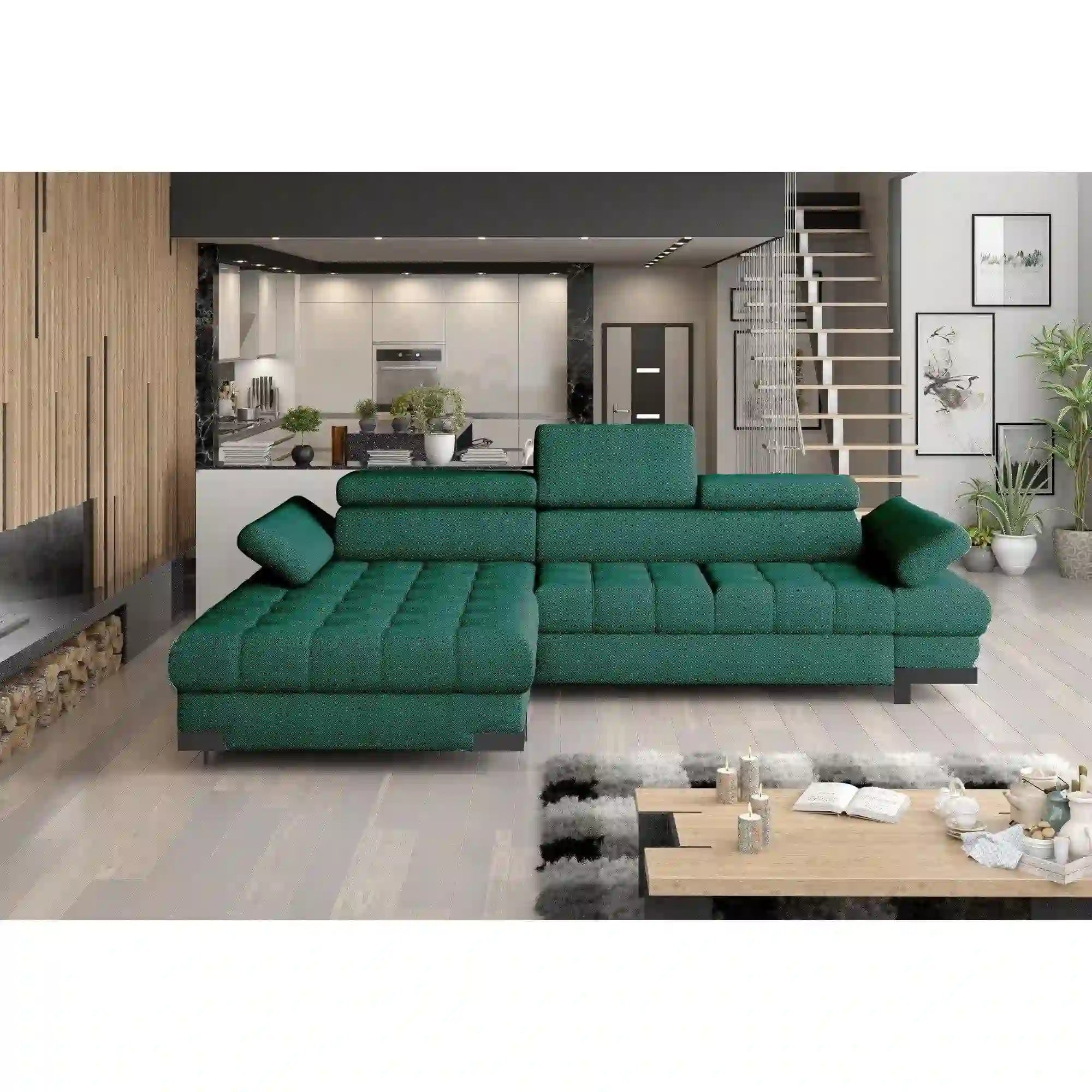 Coltar extensibil SELVA MINI, sezlong stanga, stofa catifelata verde - Monolith 37, cu lada depozitare si tetiere reglabile, 270x173x95 cm