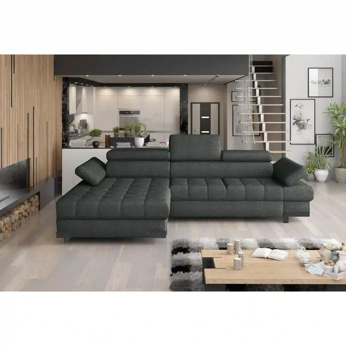 Coltar extensibil SELVA MINI, sezlong stanga, stofa gri - Rosario 456, Gama Premium, cu lada depozitare si tetiere reglabile, 270x173x95 cm