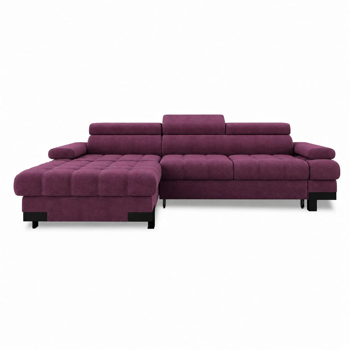 Coltar extensibil SELVA MINI, sezlong stanga, stofa catifelata violet - Whisper 14, cu lada depozitare si tetiere reglabile, 270x173x95 cm