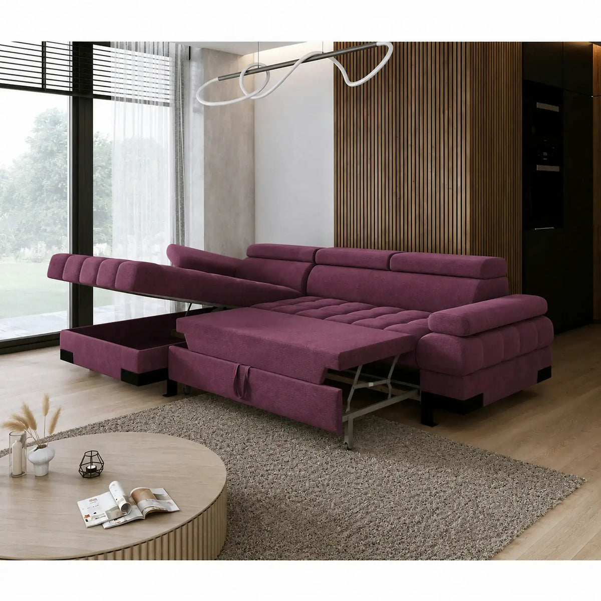 Coltar extensibil SELVA MINI, sezlong stanga, stofa catifelata violet - Whisper 14, cu lada depozitare si tetiere reglabile, 270x173x95 cm