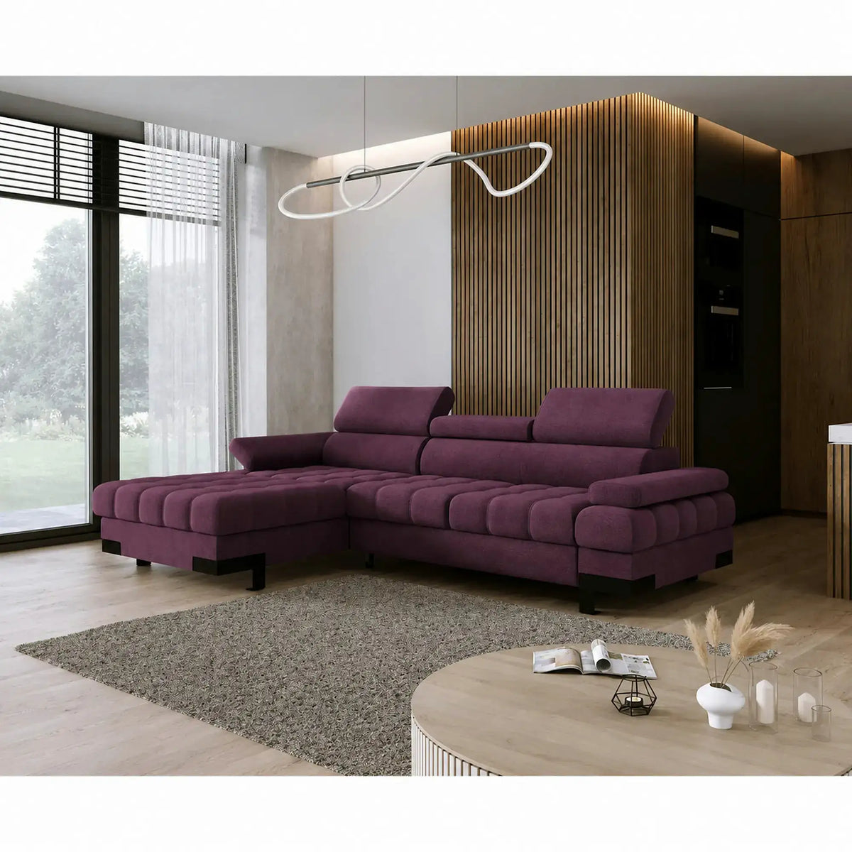 Coltar extensibil SELVA MINI, sezlong stanga, stofa catifelata violet - Whisper 14, cu lada depozitare si tetiere reglabile, 270x173x95 cm