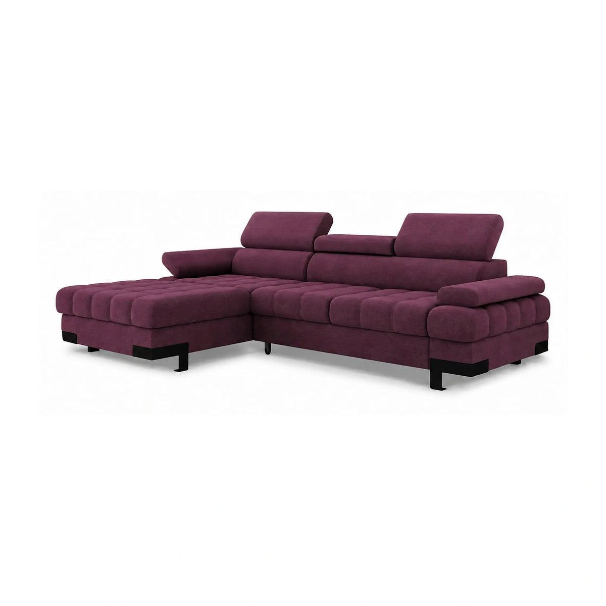 Coltar extensibil SELVA MINI, sezlong stanga, stofa catifelata violet - Whisper 14, cu lada depozitare si tetiere reglabile, 270x173x95 cm