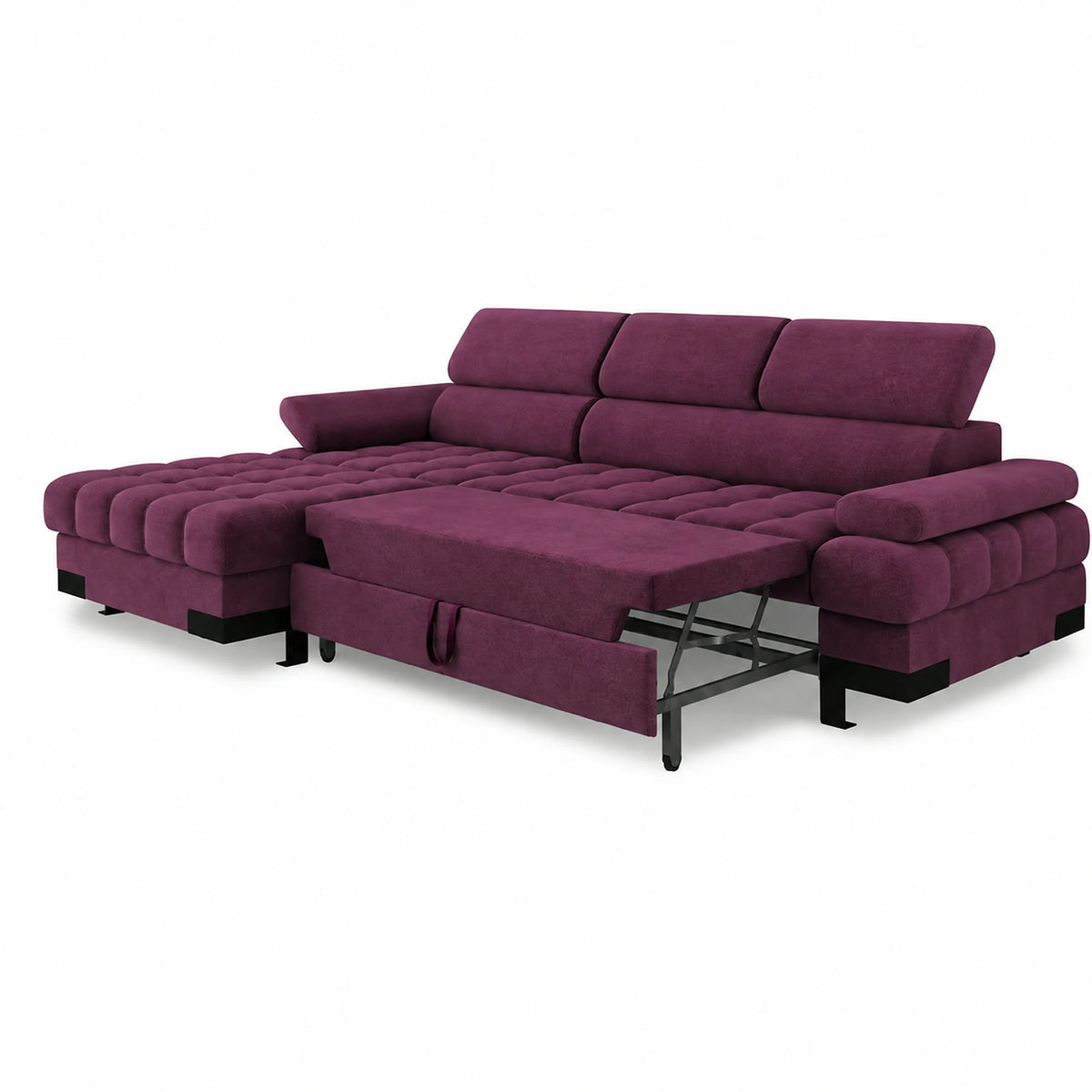 Coltar extensibil SELVA MINI, sezlong stanga, stofa catifelata violet - Whisper 14, cu lada depozitare si tetiere reglabile, 270x173x95 cm
