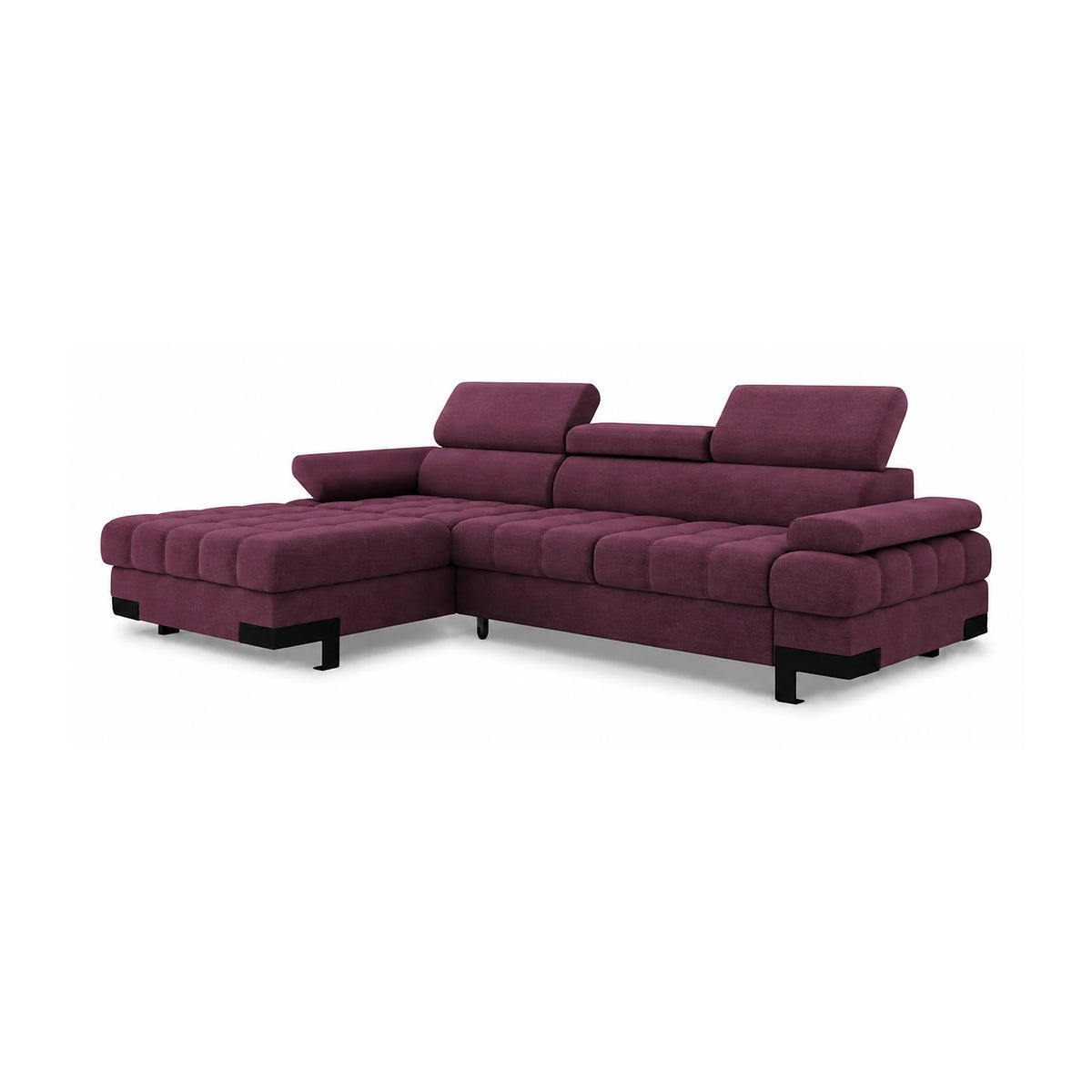 Coltar extensibil SELVA MINI, sezlong stanga, stofa catifelata violet - Whisper 14, cu lada depozitare si tetiere reglabile, 270x173x95 cm