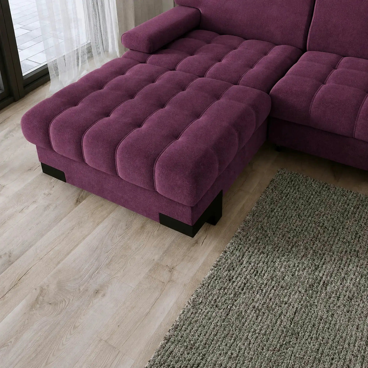 Coltar extensibil SELVA MINI, sezlong stanga, stofa catifelata violet - Whisper 14, cu lada depozitare si tetiere reglabile, 270x173x95 cm