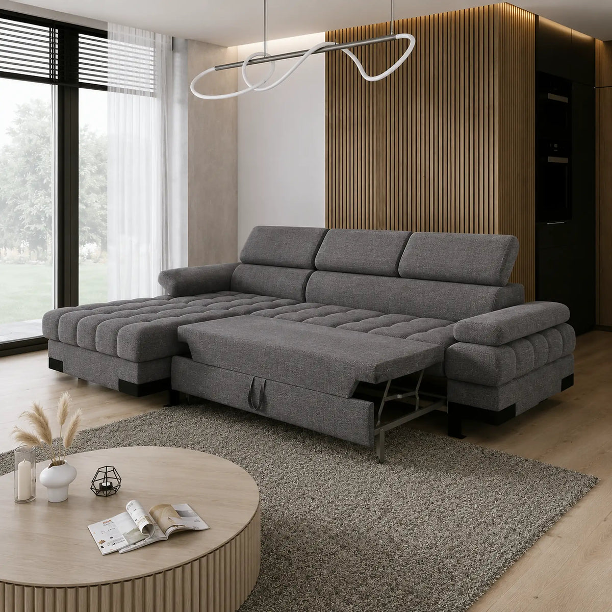 Coltar extensibil SELVA MINI, sezlong stanga, stofa clasica gri - Austin 19, cu lada depozitare, 270x173x95 cm