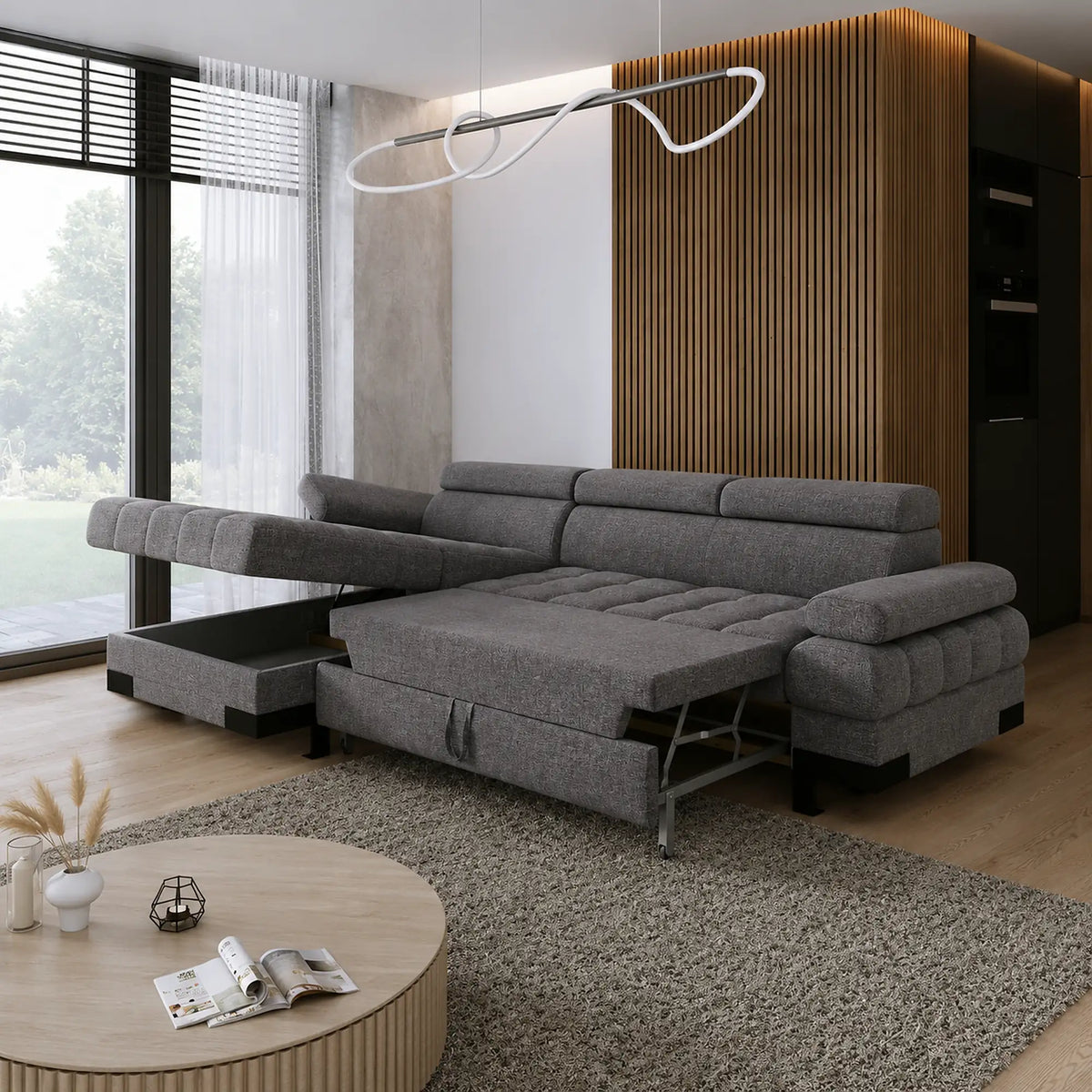 Coltar extensibil SELVA MINI, sezlong stanga, stofa clasica gri - Austin 19, cu lada depozitare, 270x173x95 cm