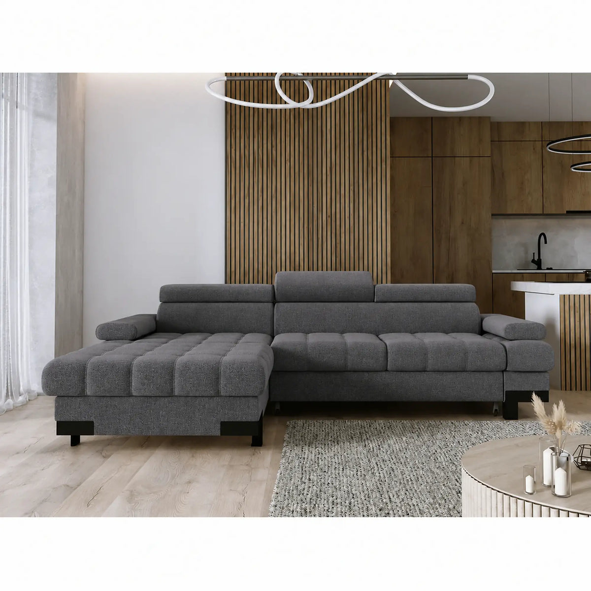 Coltar extensibil SELVA MINI, sezlong stanga, stofa clasica gri - Austin 19, cu lada depozitare, 270x173x95 cm