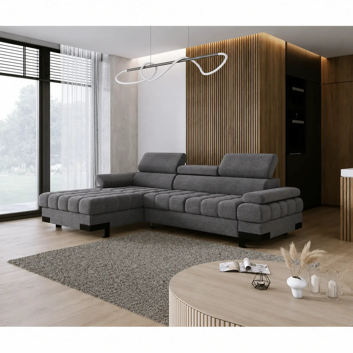 Coltar extensibil SELVA MINI, sezlong stanga, stofa clasica gri - Austin 19, cu lada depozitare, 270x173x95 cm