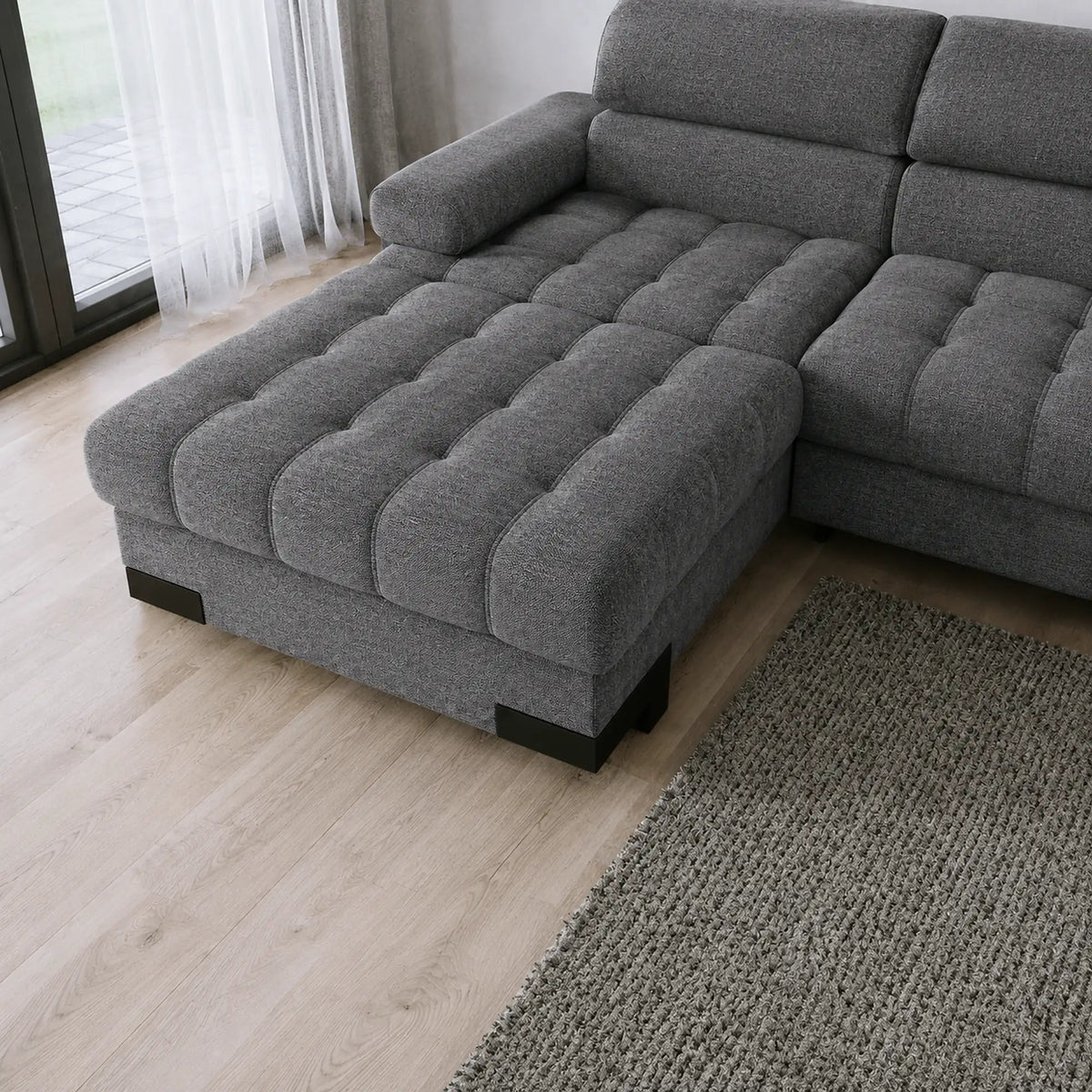 Coltar extensibil SELVA MINI, sezlong stanga, stofa clasica gri - Austin 19, cu lada depozitare, 270x173x95 cm