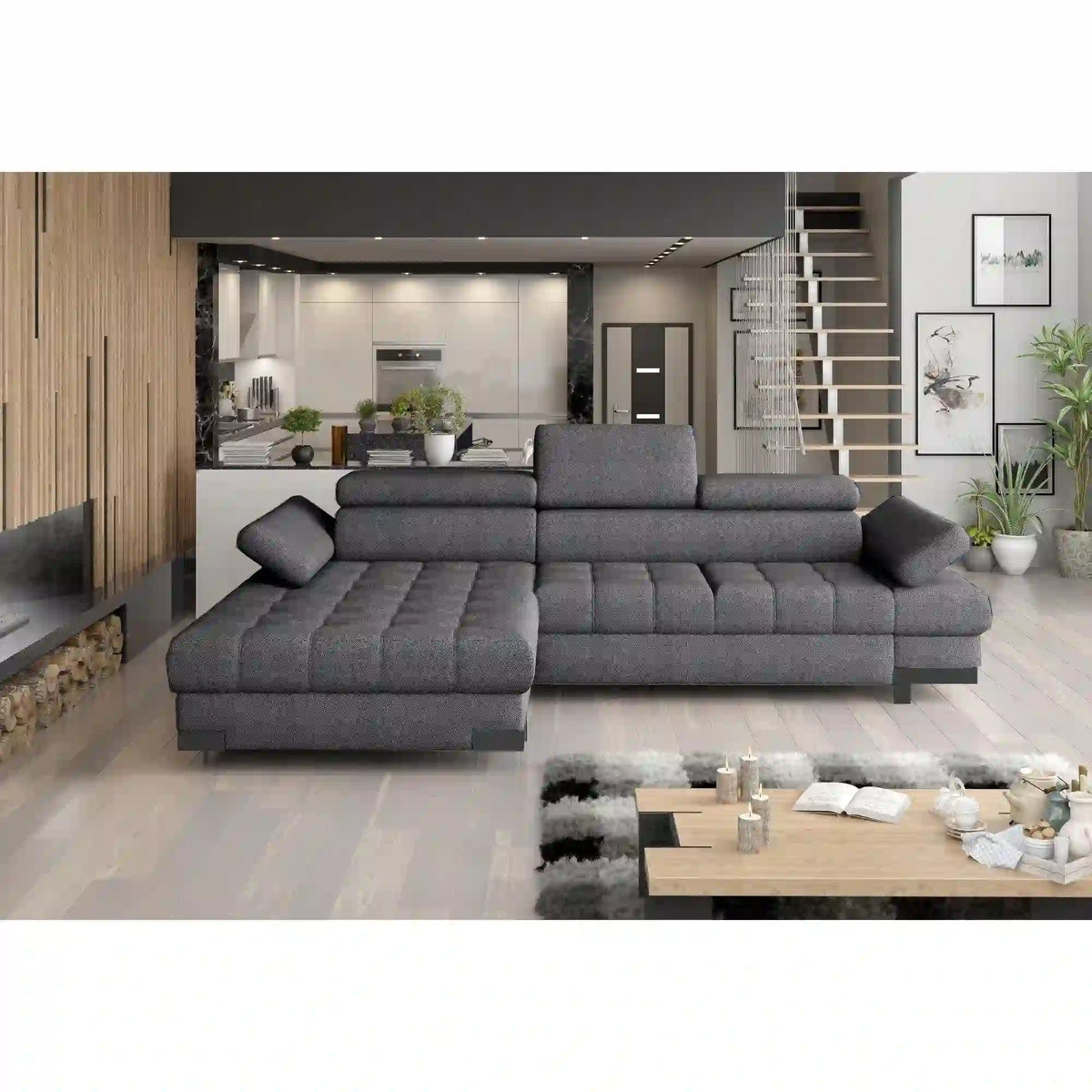 Coltar extensibil SELVA MINI, sezlong stanga, stofa clasica gri - Austin 19, cu lada depozitare, 270x173x95 cm