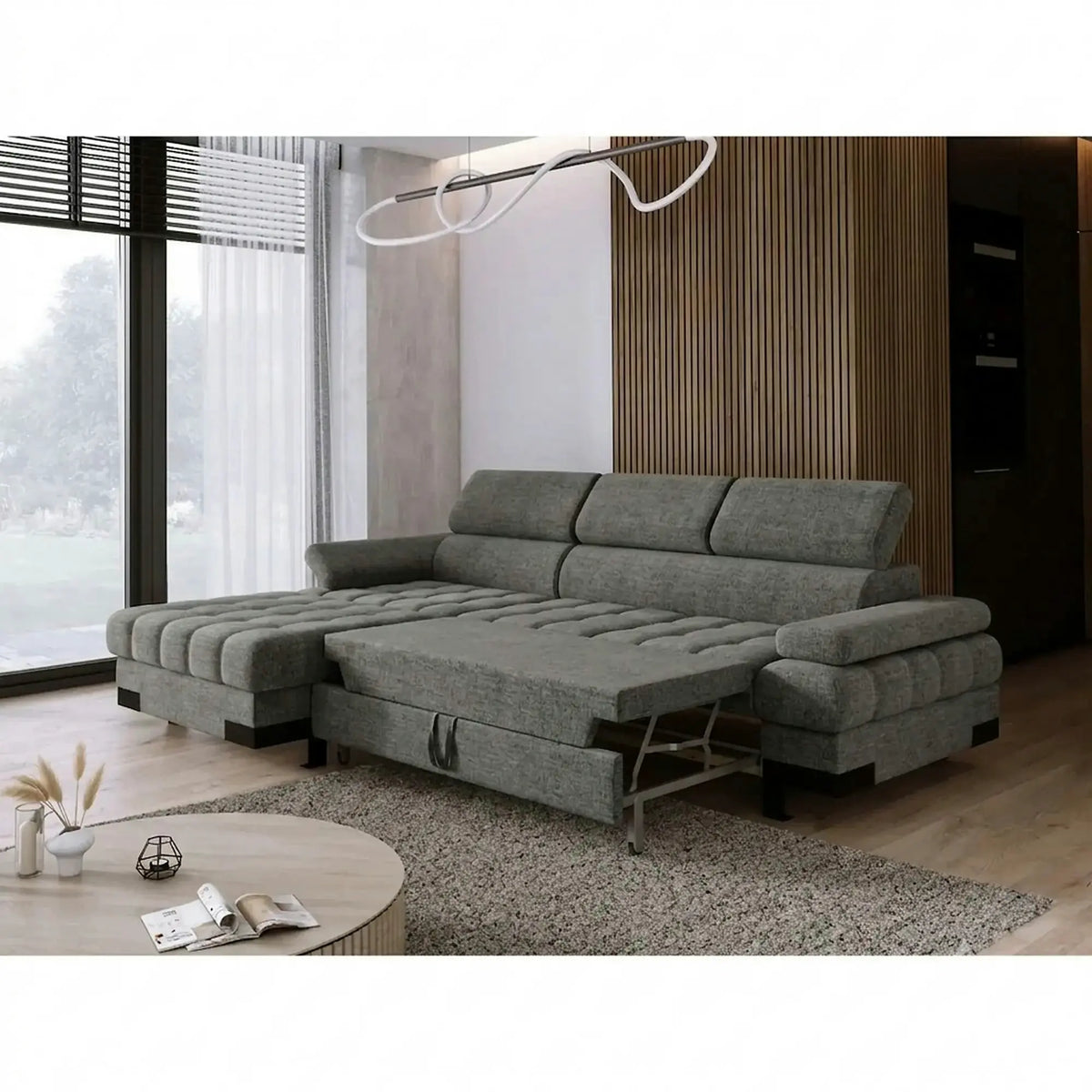Coltar extensibil SELVA MINI, sezlong stanga, stofa gri - Rosario 456, cu lada depozitare si tetiere reglabile, 270x173x95 cm