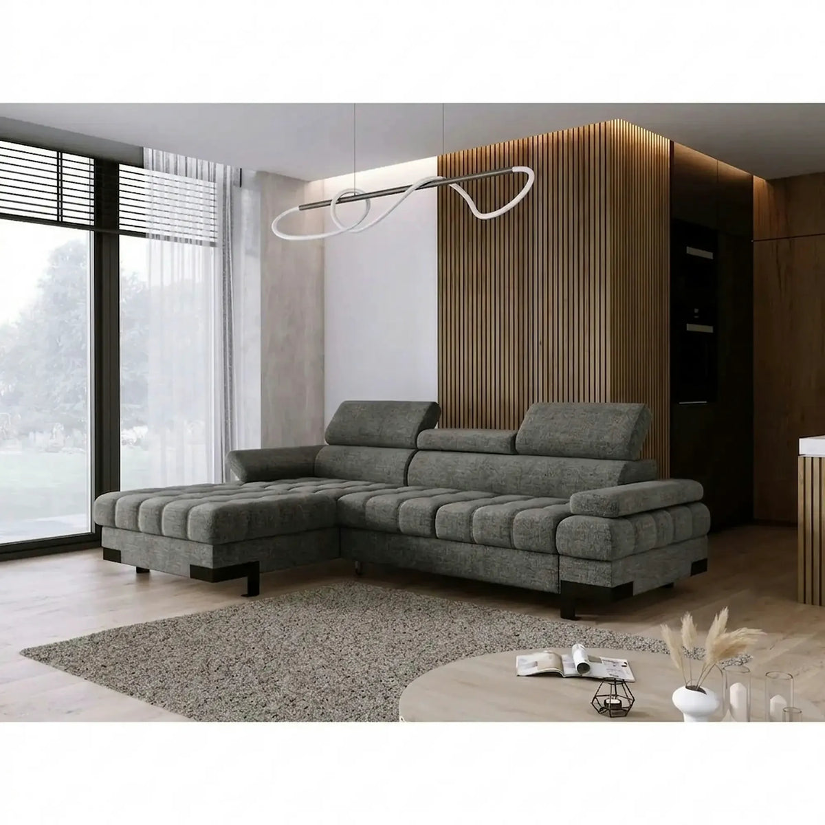 Coltar extensibil SELVA MINI, sezlong stanga, stofa gri - Rosario 456, cu lada depozitare si tetiere reglabile, 270x173x95 cm