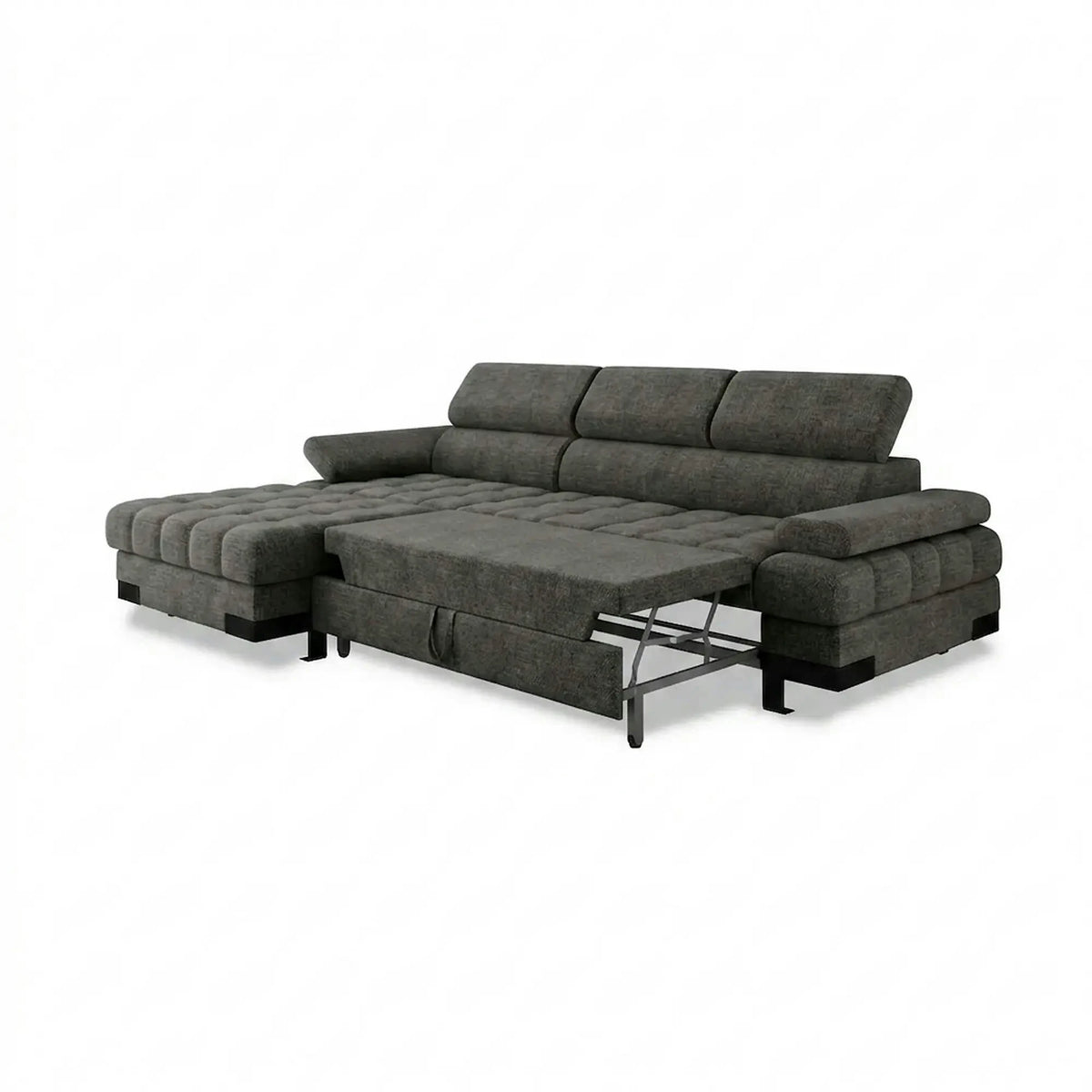 Coltar extensibil SELVA MINI, sezlong stanga, stofa gri - Rosario 456, cu lada depozitare si tetiere reglabile, 270x173x95 cm