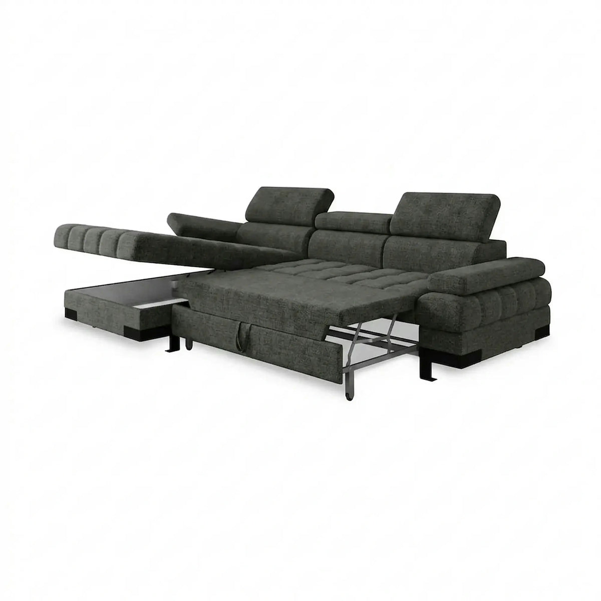 Coltar extensibil SELVA MINI, sezlong stanga, stofa gri - Rosario 456, cu lada depozitare si tetiere reglabile, 270x173x95 cm