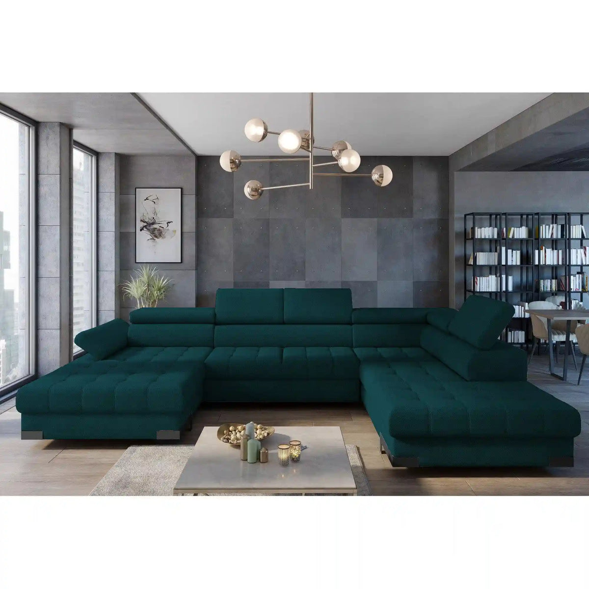 Coltar extensibil SELVA XL, personalizabil materiale gama Oferta Avantaj, cu lada depozitare si tetiere reglabile, 339x223x95 cm