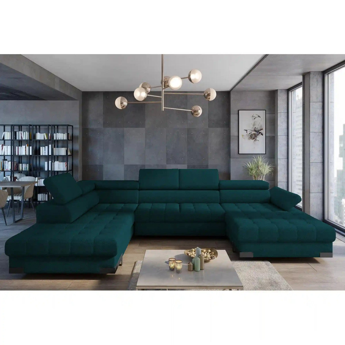 Coltar extensibil SELVA XL, personalizabil materiale gama Oferta Avantaj, cu lada depozitare si tetiere reglabile, 339x223x95 cm