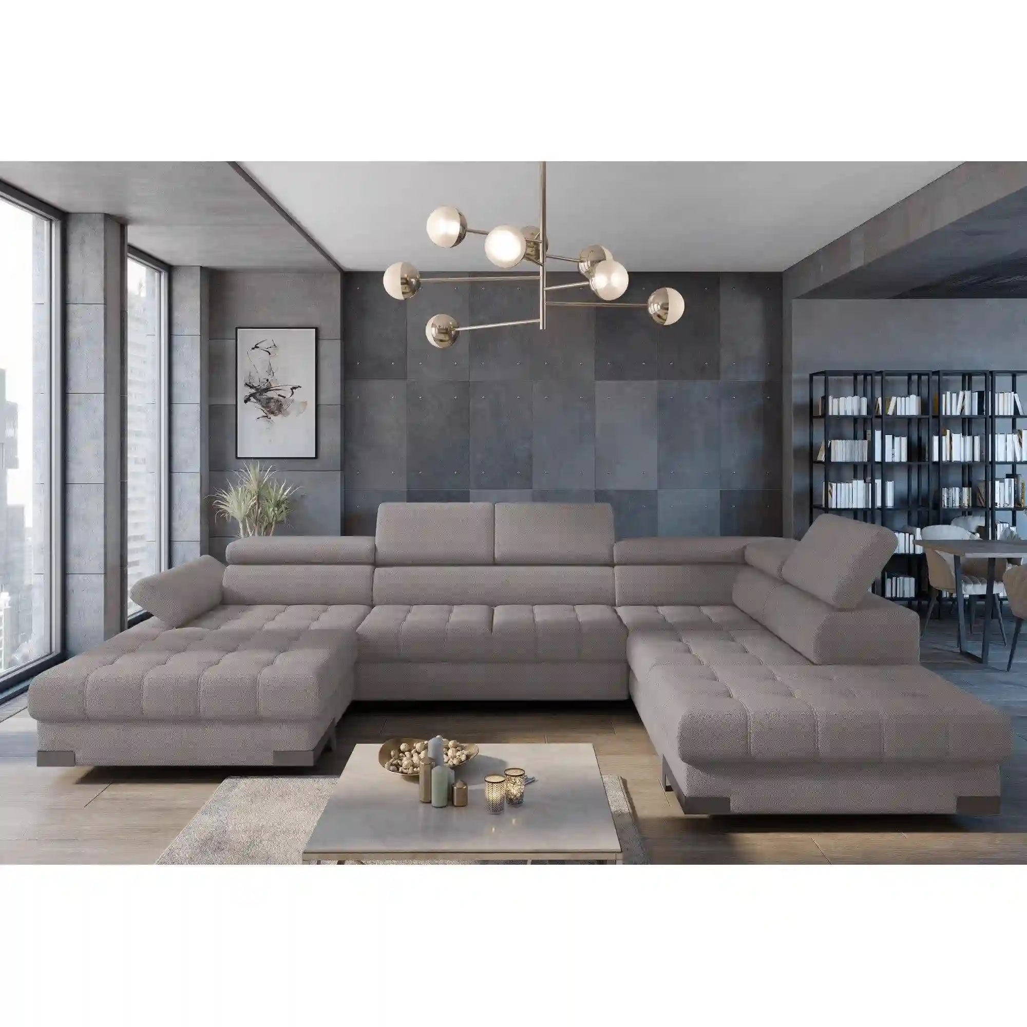 Coltar extensibil SELVA XL, sezlong dreapta, stofa catifelata bej - Whisper 3, Gama Premium, cu lada depozitare si tetiere reglabile,  339x223x95 cm