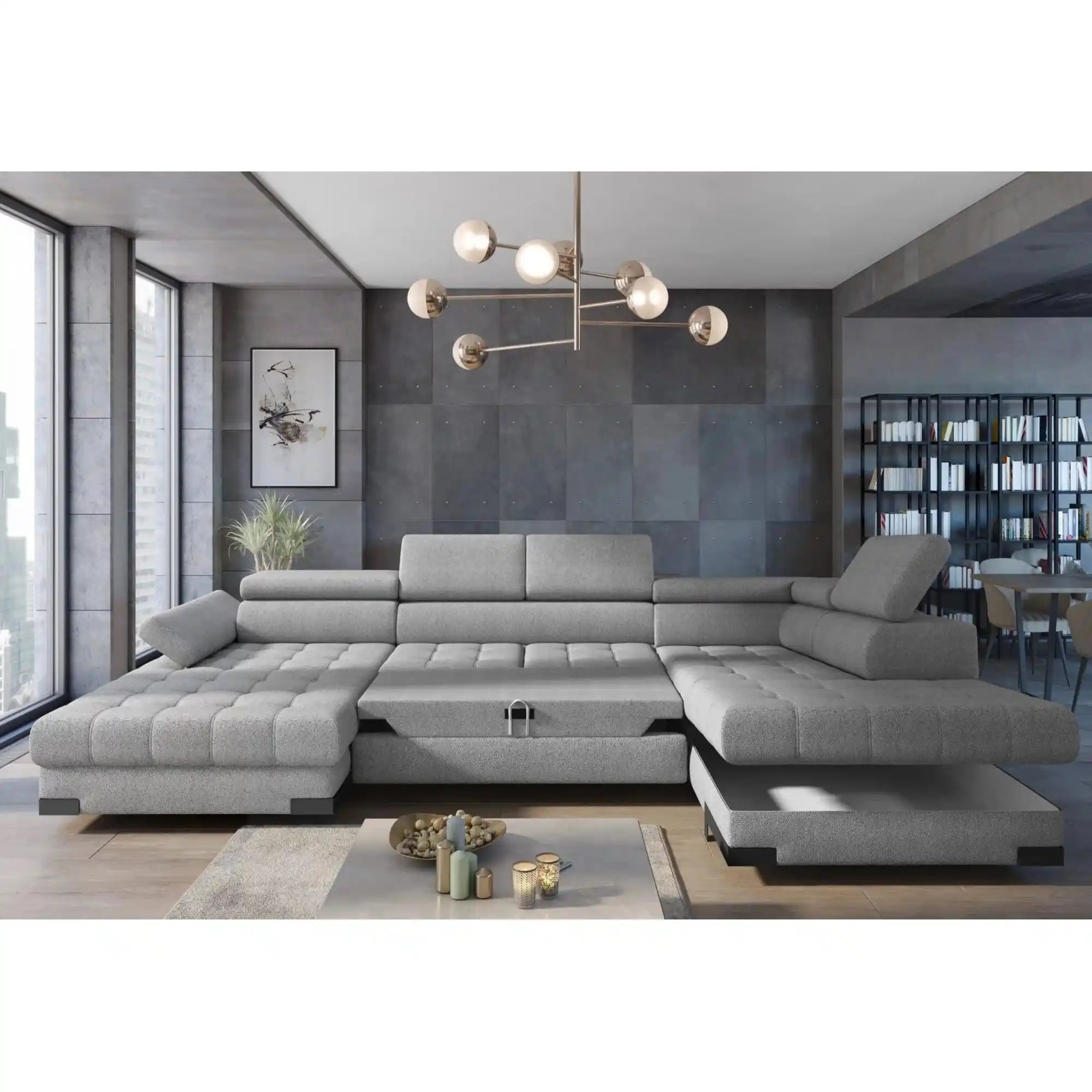 Coltar extensibil SELVA XL, sezlong dreapta, stofa catifelata crem - Salvador 1, Gama Premium, cu lada depozitare si tetiere reglabile, 339x223x95 cm