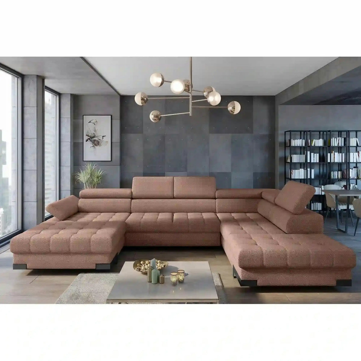 Coltar extensibil SELVA XL, sezlong dreapta, stofa catifelata maro - Palladium 4, cu lada depozitare si tetiere reglabile, 339x223x95 cm