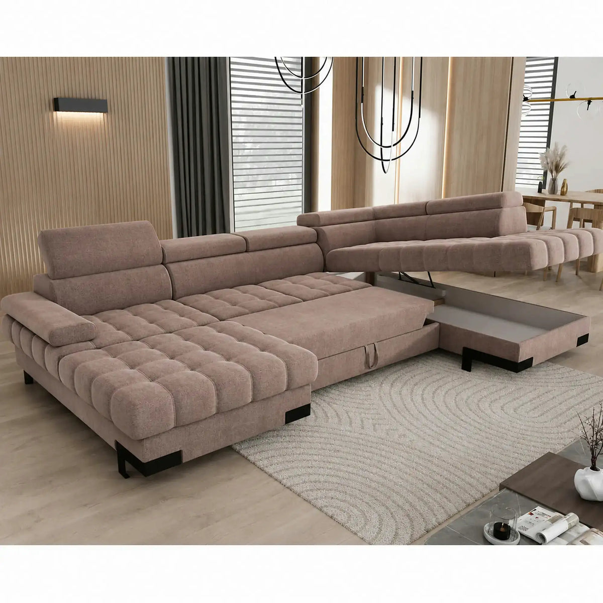 Coltar extensibil SELVA XL, sezlong dreapta, stofa catifelata maro - Palladium 4, cu lada depozitare si tetiere reglabile, 339x223x95 cm