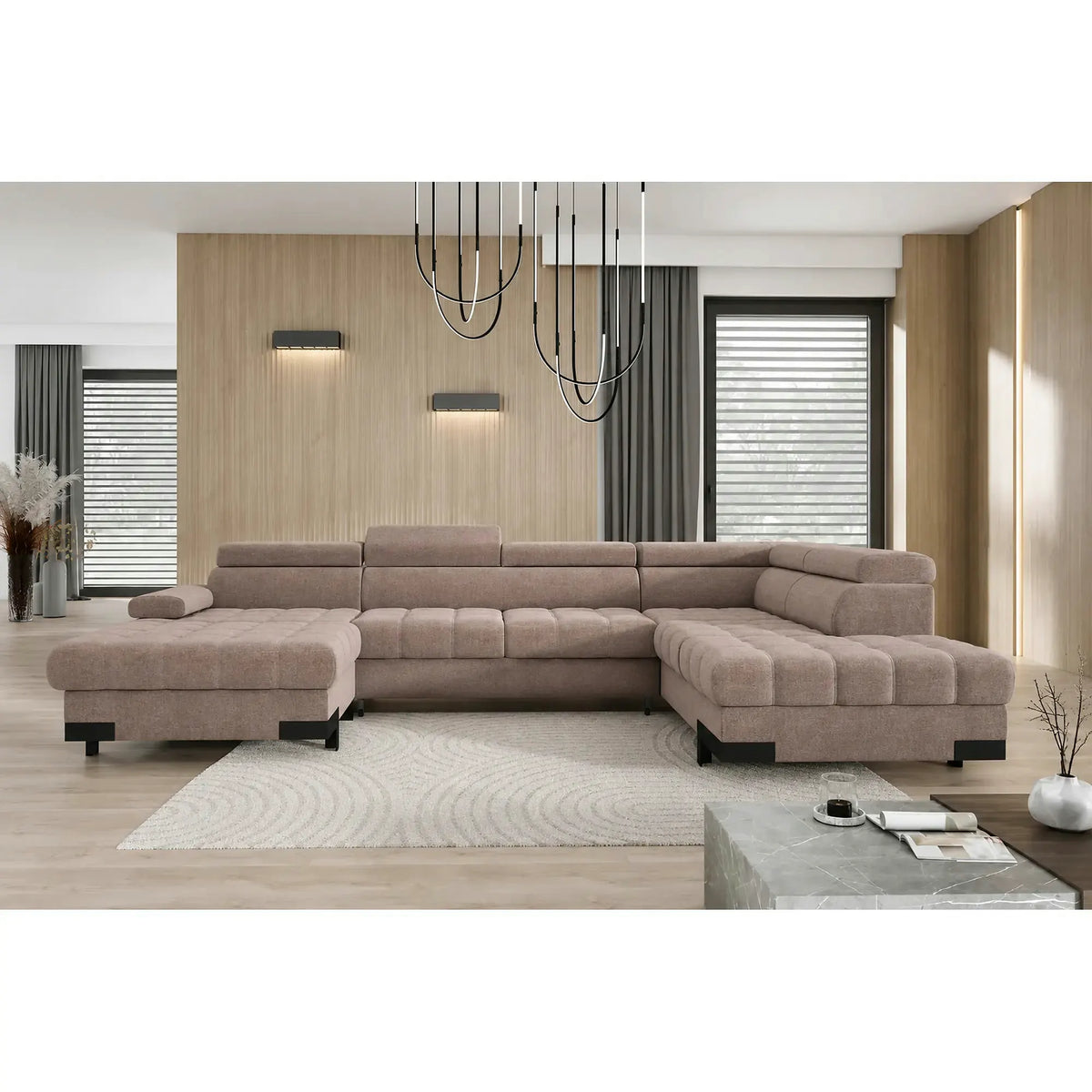 Coltar extensibil SELVA XL, sezlong dreapta, stofa catifelata maro - Palladium 4, cu lada depozitare si tetiere reglabile, 339x223x95 cm