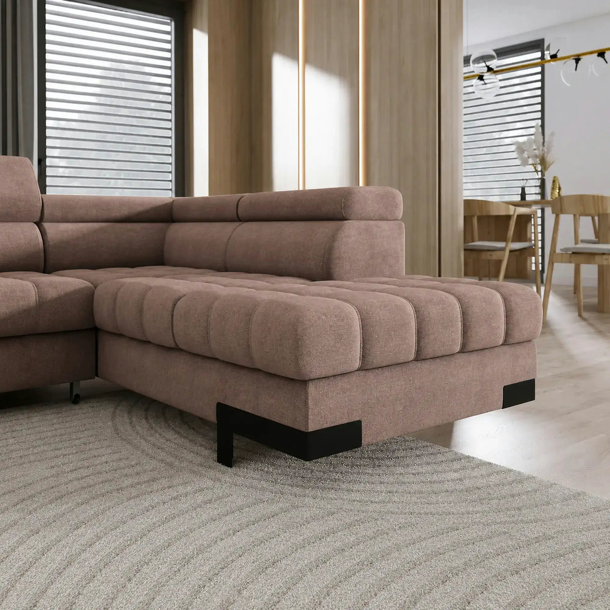 Coltar extensibil SELVA XL, sezlong dreapta, stofa catifelata maro - Palladium 4, cu lada depozitare si tetiere reglabile, 339x223x95 cm
