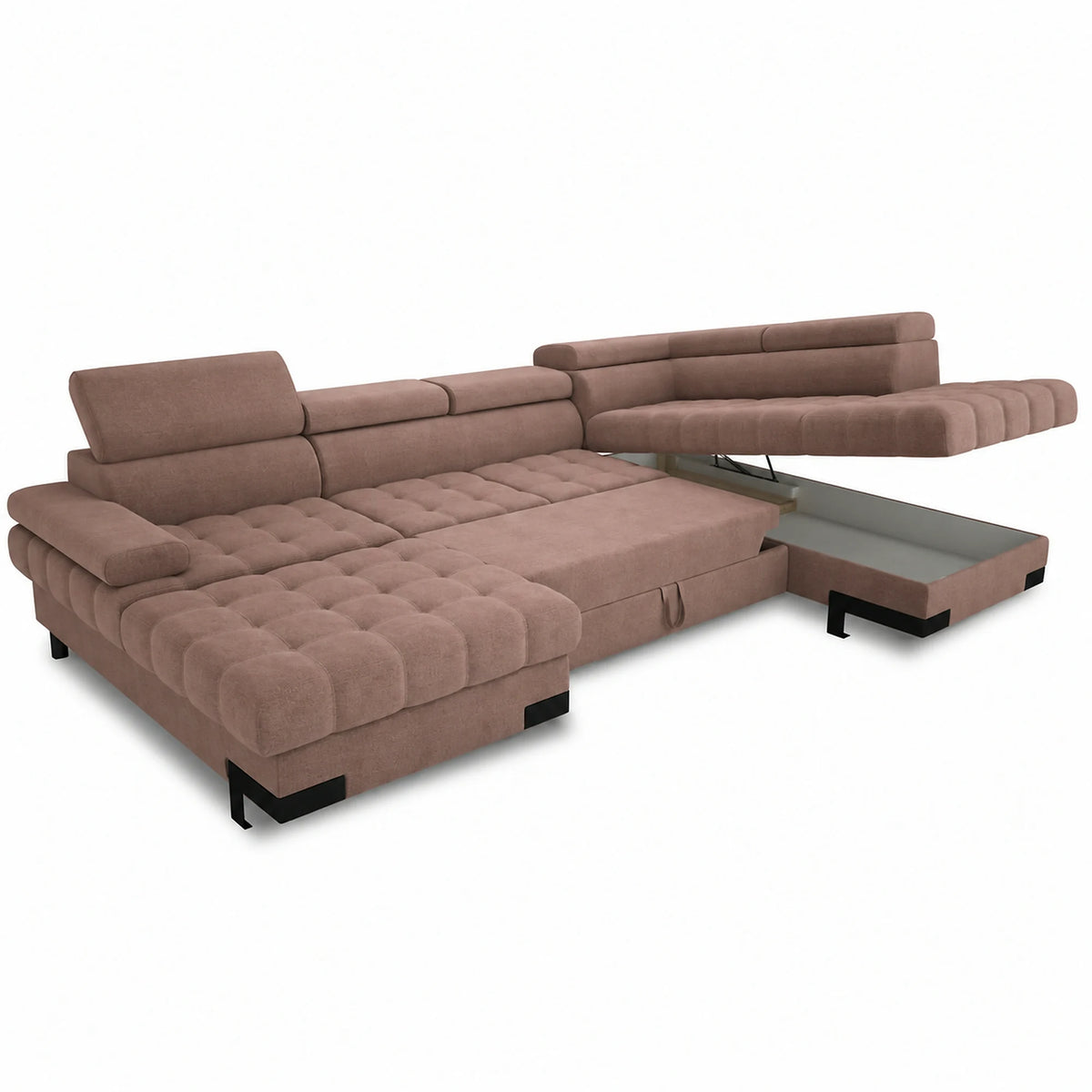 Coltar extensibil SELVA XL, sezlong dreapta, stofa catifelata maro - Palladium 4, cu lada depozitare si tetiere reglabile, 339x223x95 cm